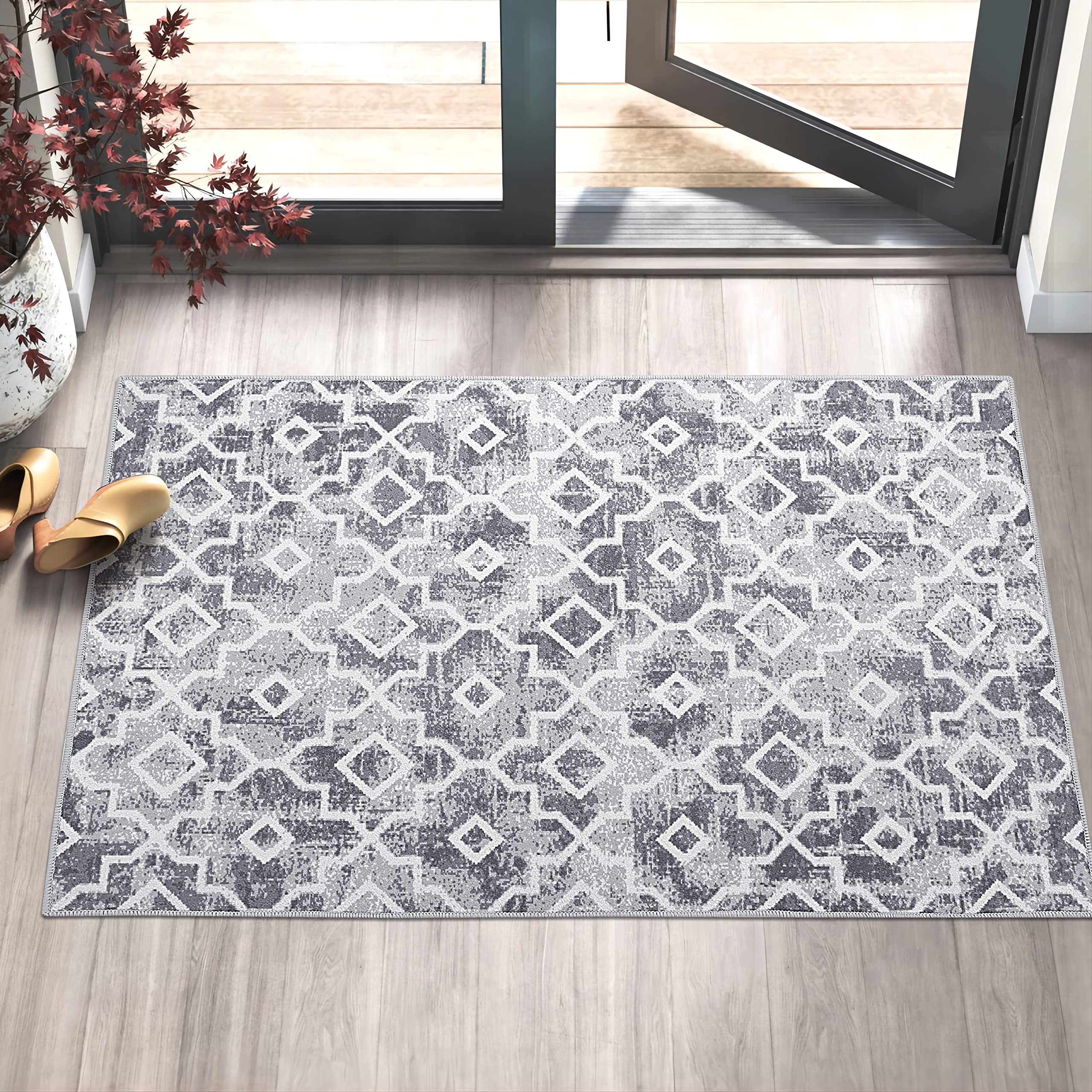 Wonnitar Moroccan Indoor Door Mat - 32  x48   Entrance Doormat Entry Rug, Washable Grey Absorbent Non-Slip Front Door Mat Lo