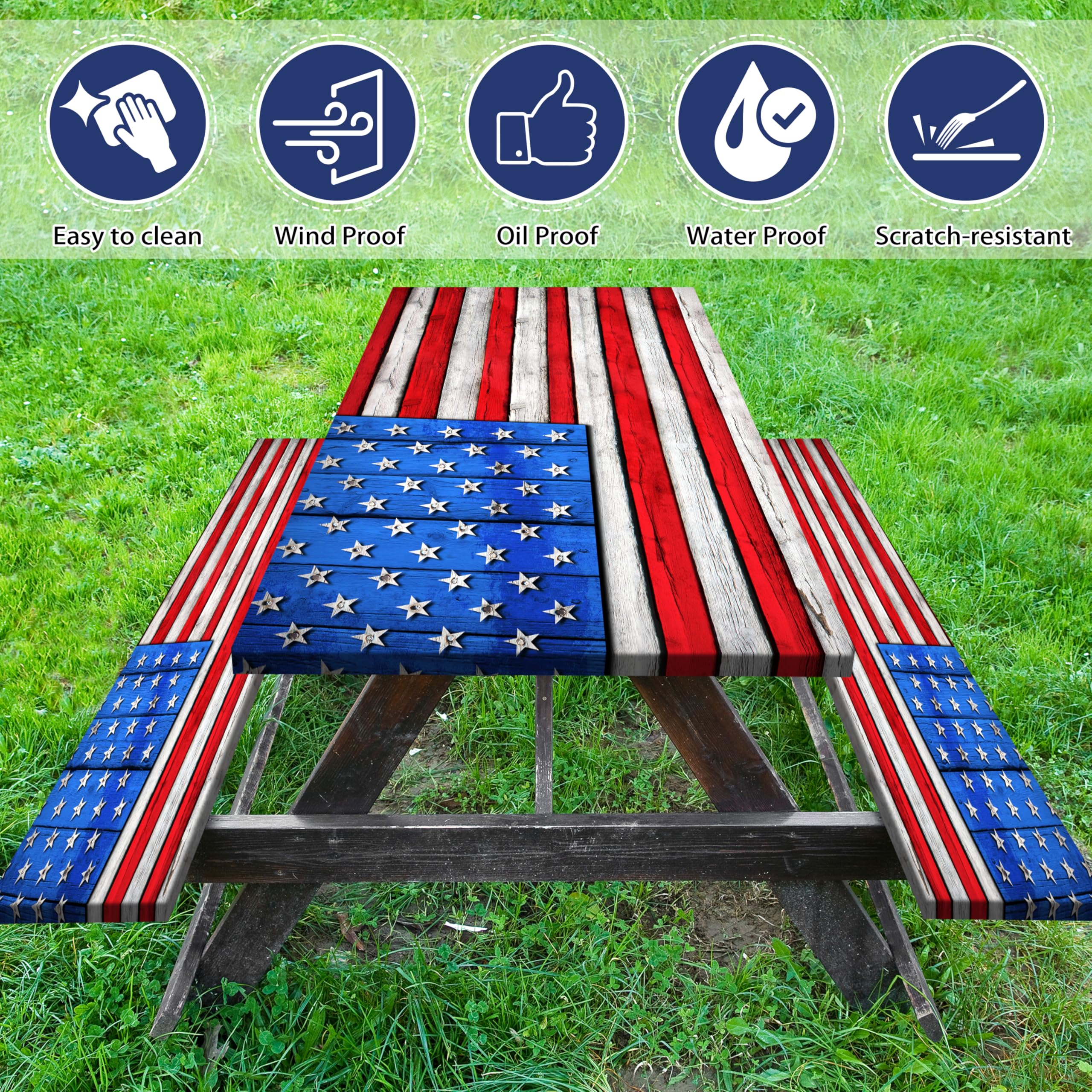 American Flag Picnic Table Cover With Bench Covers Set Wood Texture Waterproof Windproof Camping Rectangle Tablecloths Fitted Pi