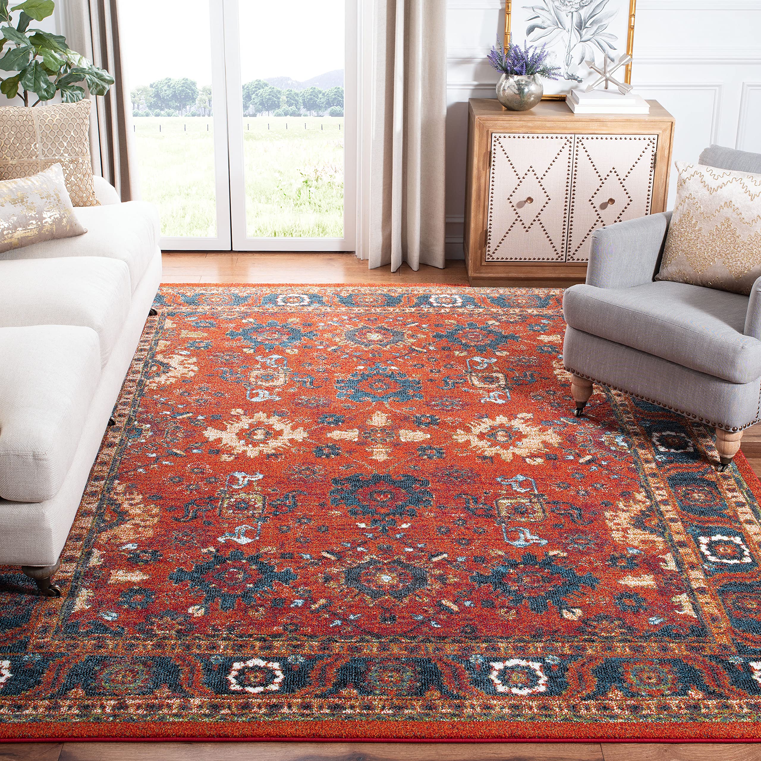 SAFAVIEH Vintage Hamadan Collection Area Rug - 53 x 76, Orange & Blue, Oriental Traditional Persian Design, Non-Shedding & Eas