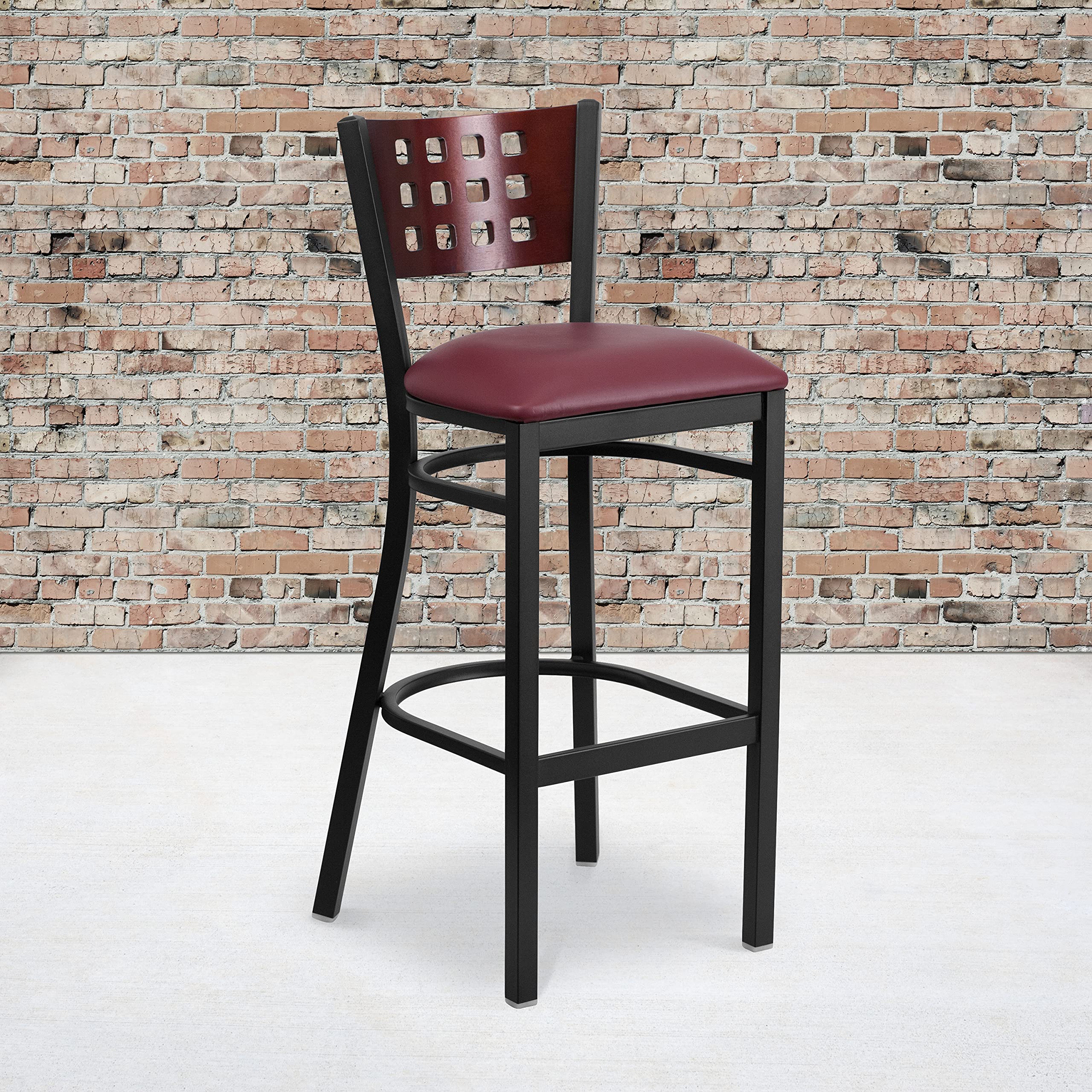 Flash Furniture Hercules Series Black Cutout Back Metal Restaurant Barstool - Mahogany Wood Back, Burgundy Vinyl Seat