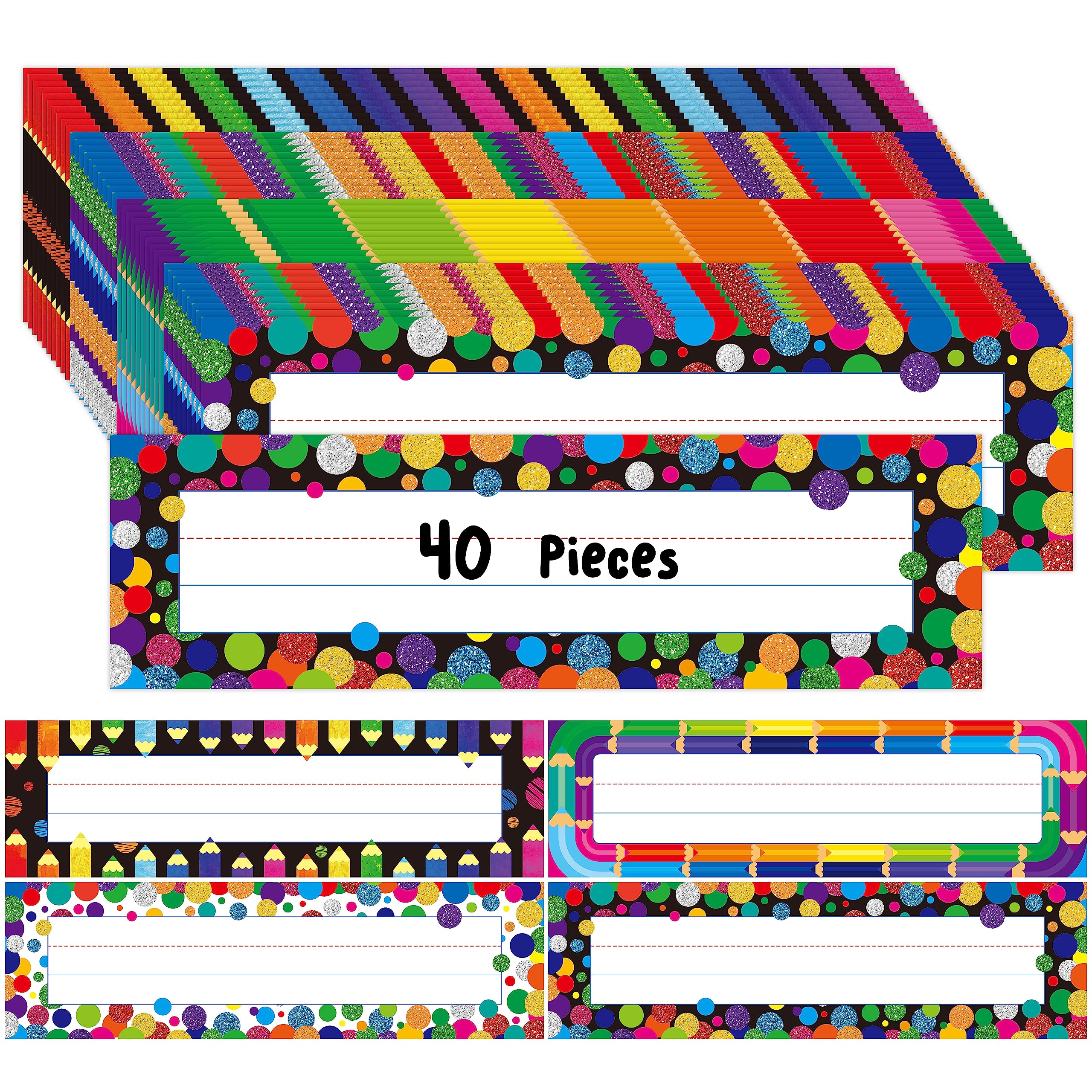 40Pcs Desk Nameplates, 4 Designs Double Sided Pet Film Desk Name Tags Erasable & Reusable Traditional Manuscript Name Plate Colo