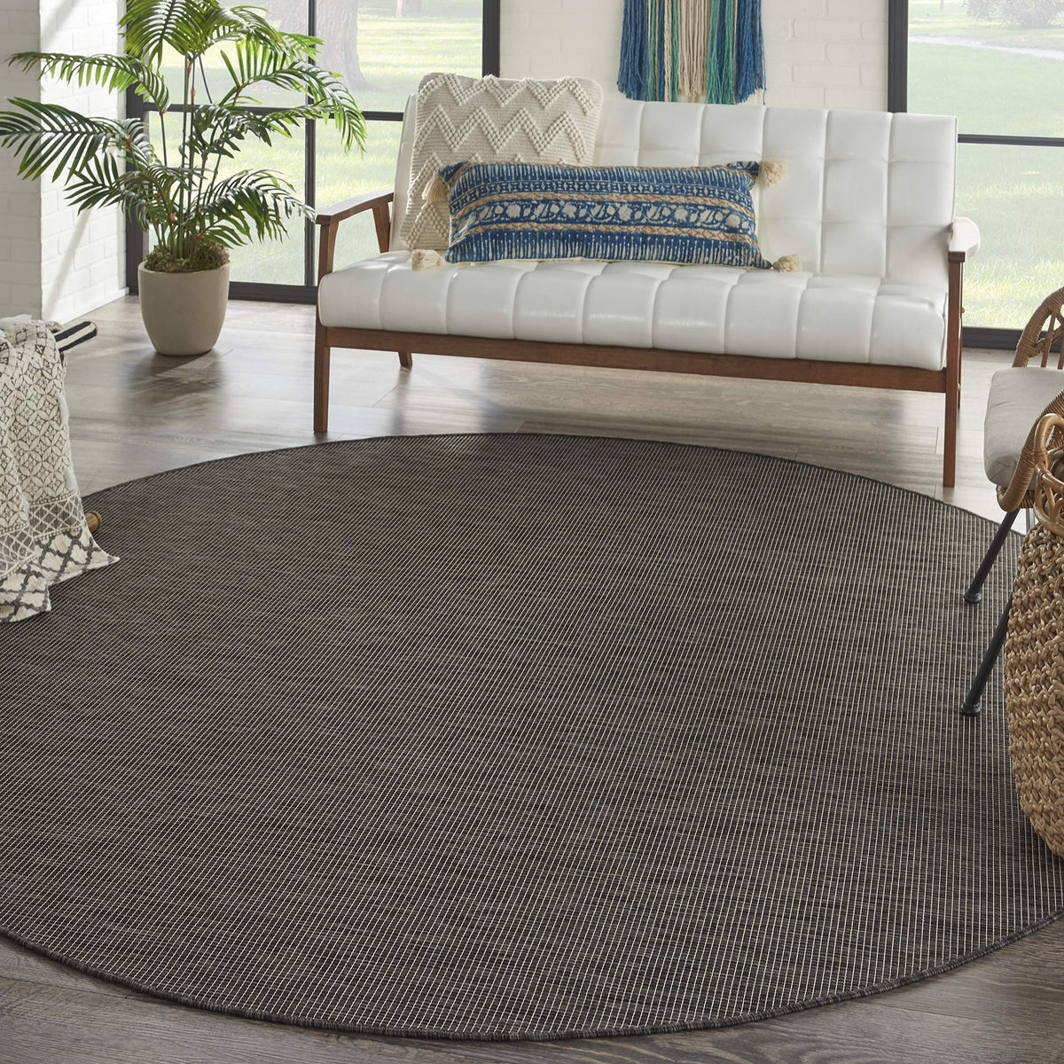 Nourison Positano Indoor/Outdoor Charcoal 8' X Round Area Rug, Easy Cleaning, Non Shedding, Bed Room, Living Room, Dining Room,
