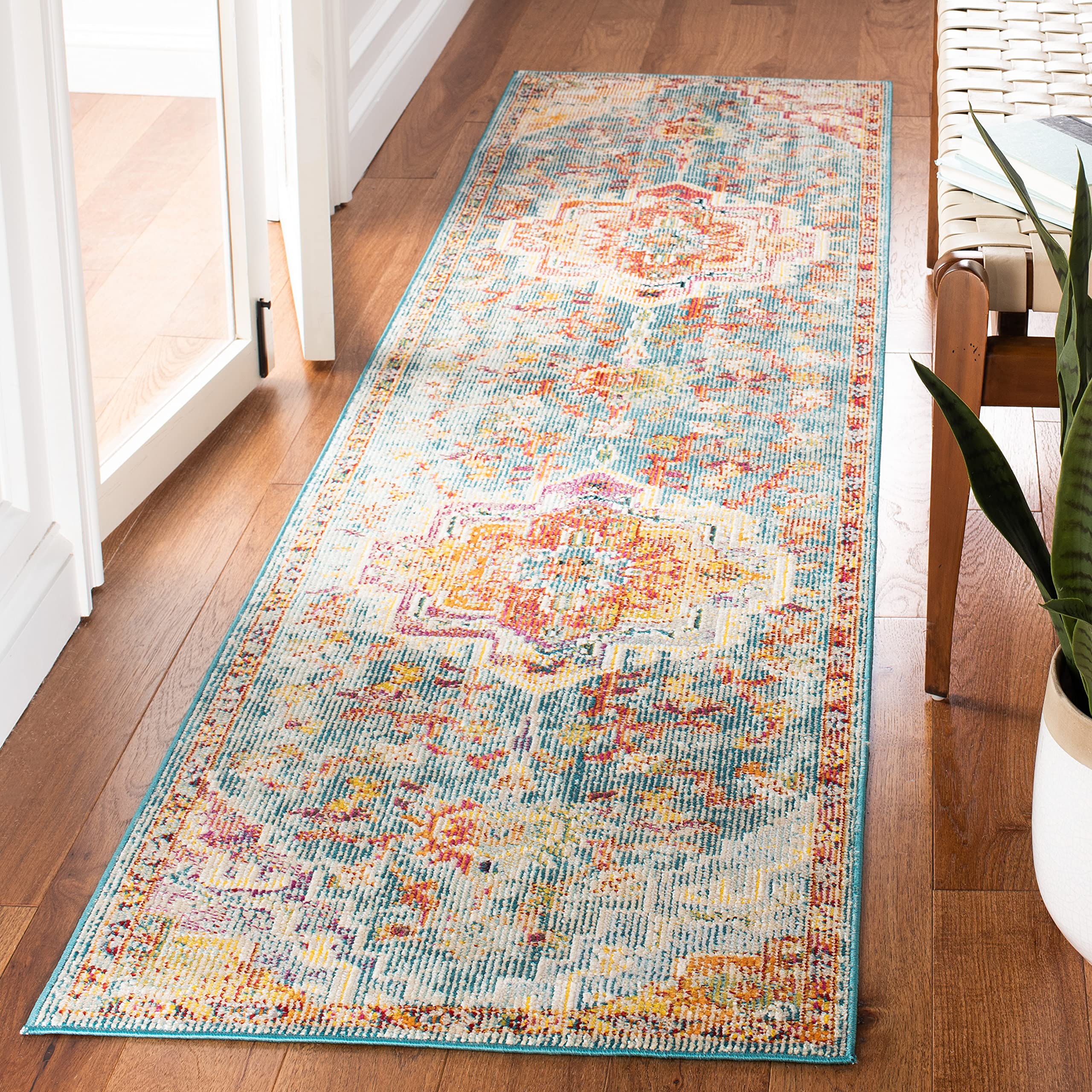 SAFAVIEH Crystal Collection Runner Rug - 22 x 7, Orange & Teal, Medallion Distressed Design, Non-Shedding & Easy Care, Ideal f