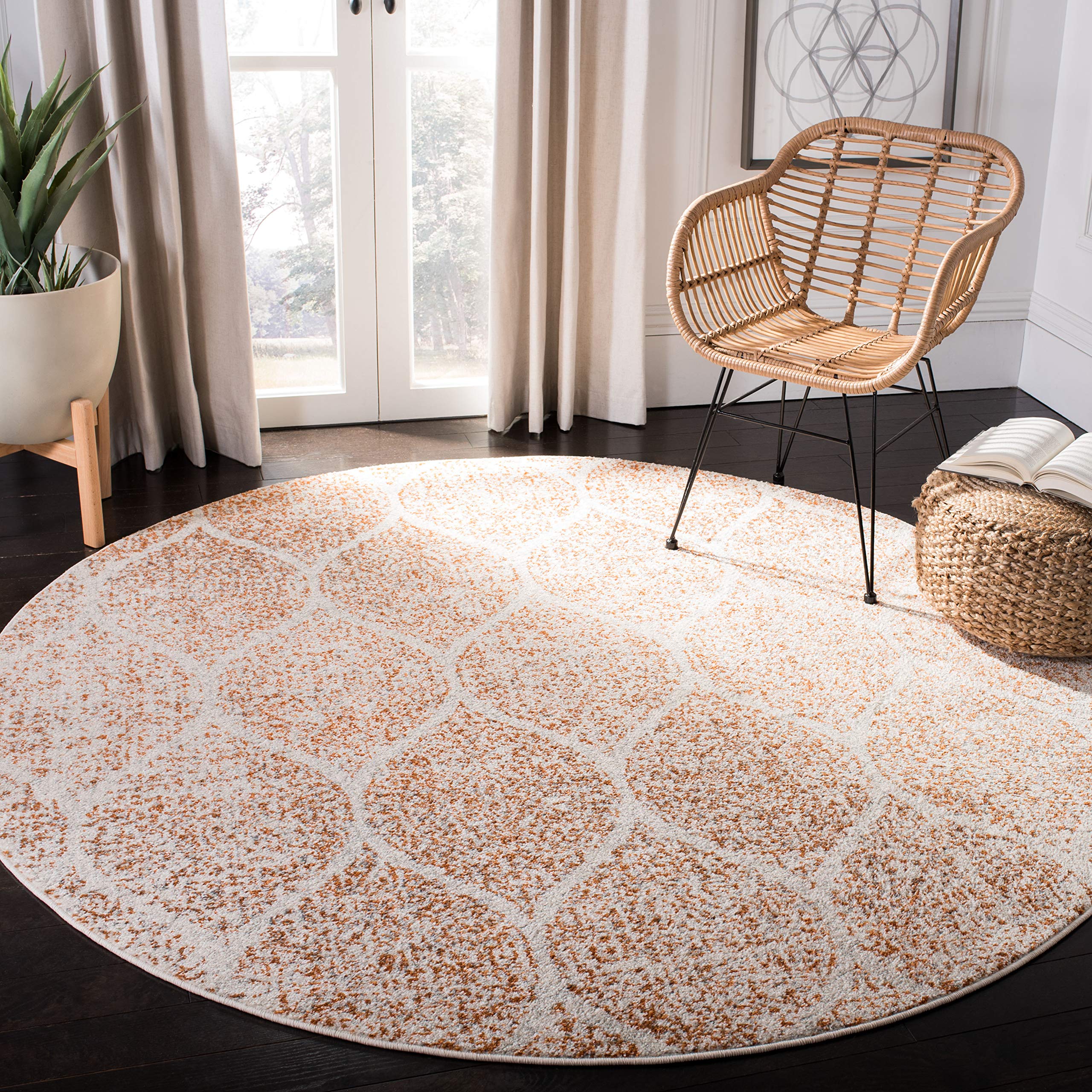 SAFAVIEH Madison Collection Area Rug - 4 Round, Cream & Orange, Glam Ogee Trellis Distressed Design, Non-Shedding & Easy Care, 