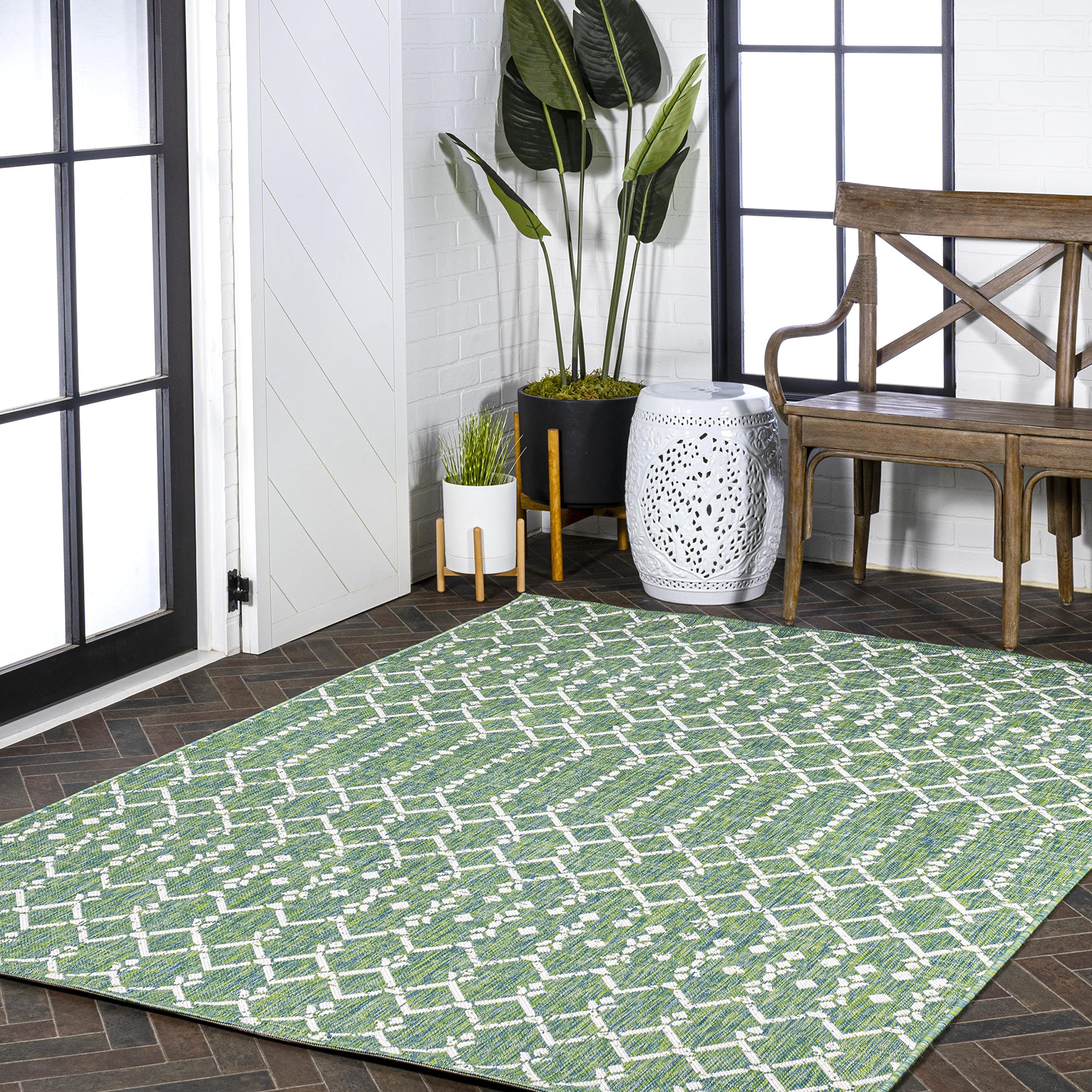 Jonathan Y Smb108L-8 Ourika Moroccan Geometric Textured Weave Indoor Outdoor Area-Rug, Bohemian Rustic Scandinavian Easy-Cleaning,Bedroom,Kitchen,Backyard,Patio,Non Shedding, 8 X 10, Green/Cream