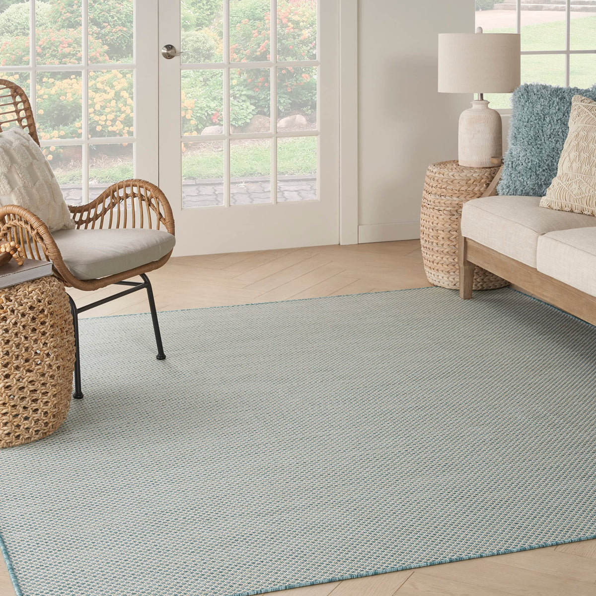 Nourison Courtyard Indoor/Outdoor Ivory/Aqua 8' X Square Area Rug, Easy Cleaning, Non Shedding, Bed Room, Living Room, Dining Ro