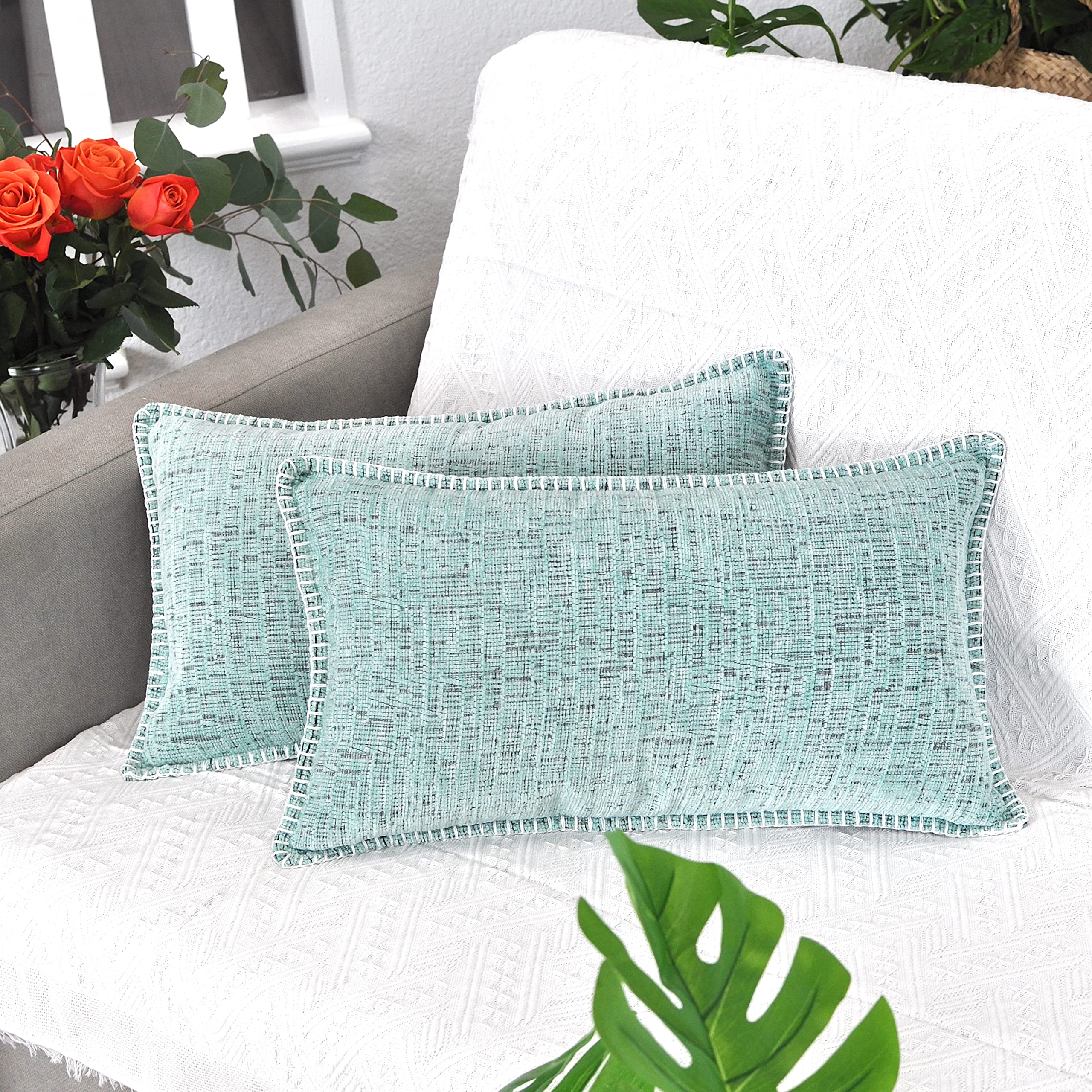 12X20 Lumbar Pillow Covers Mint Green/Soft Chenille Rectangular Cushion Covers/Turquoise Pillow Cases Pack Of 2