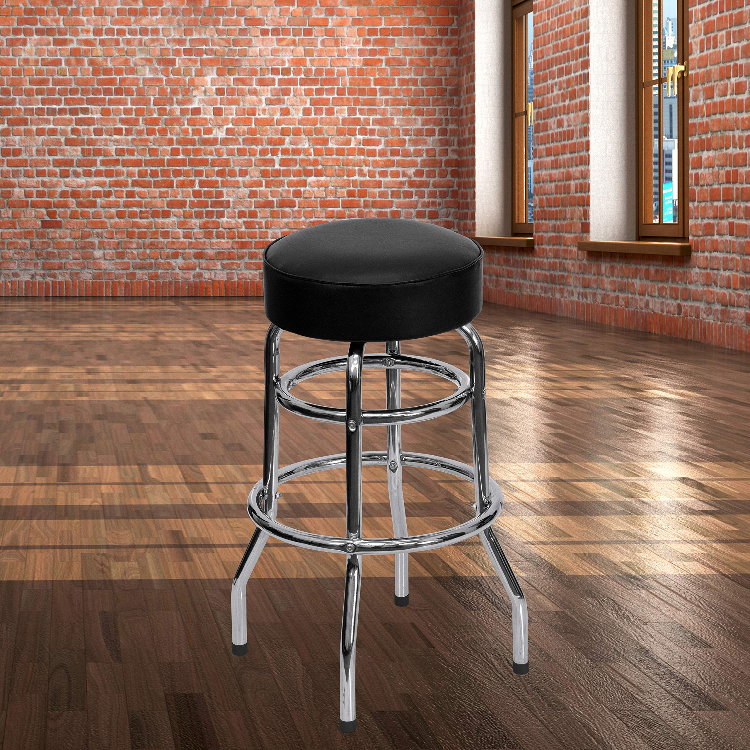Flash Furniture Bruno Double Ring Chrome Backless Barstool with Black Upholstered Seat and Integrated Footrest