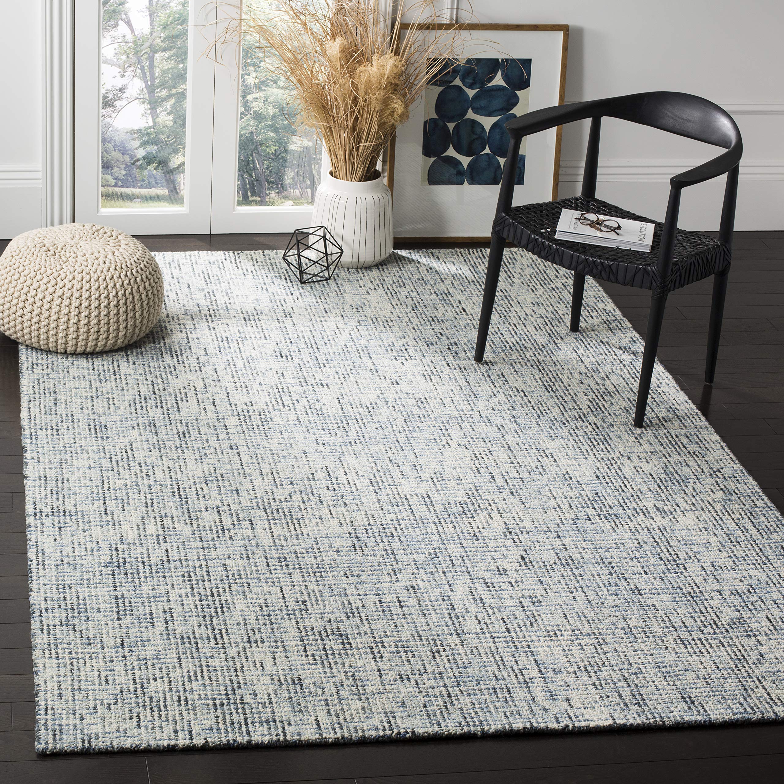 SAFAVIEH Abstract Collection Area Rug - 8' x 10', Blue & Charcoal, Handmade Wool, Ideal for High Traffic Areas in Living Room, B