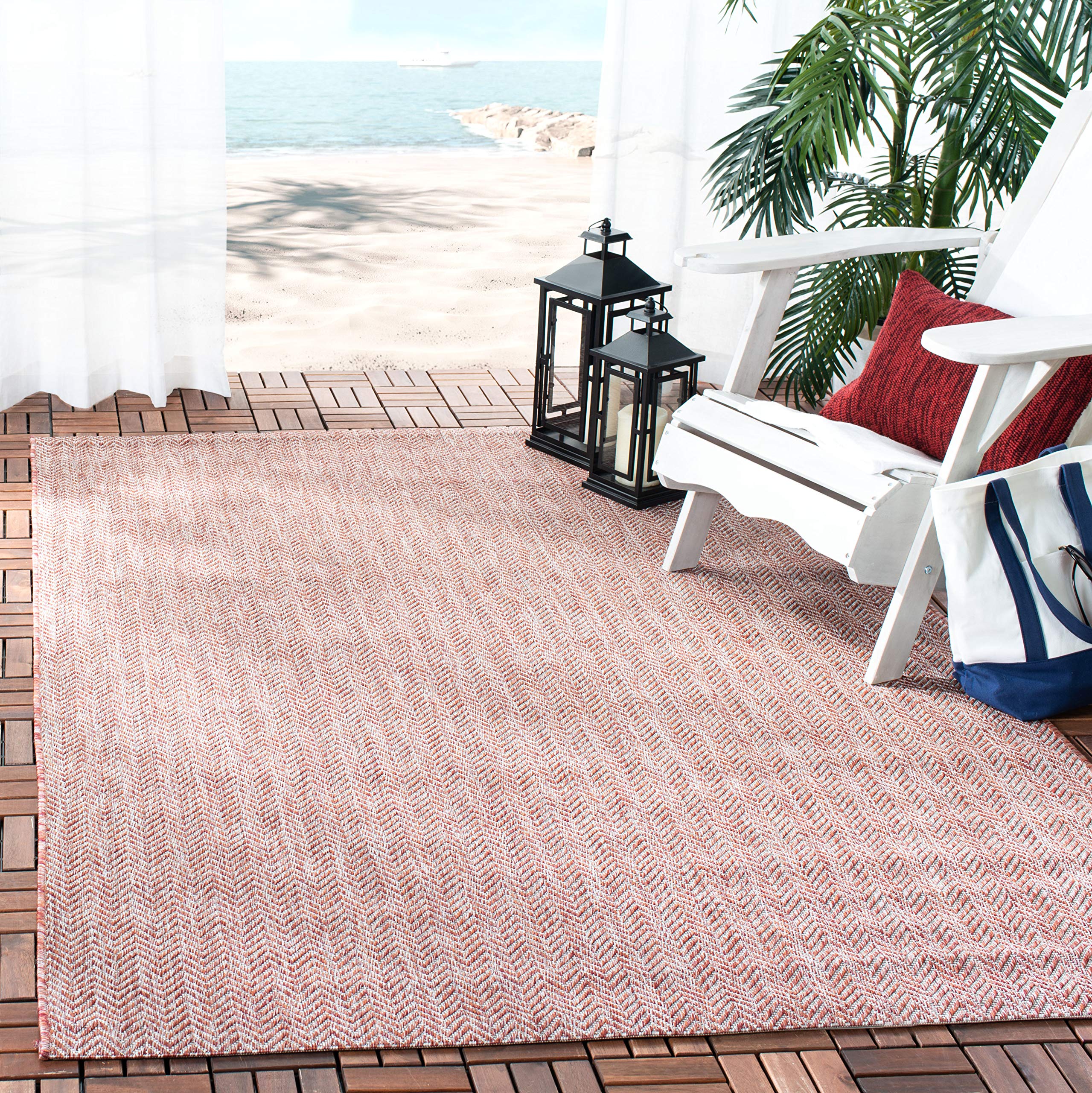 SAFAVIEH Courtyard Collection Area Rug - 4' Square, Red & Beige, Non-Shedding & Easy Care, Indoor/Outdoor & Washable-Ideal for P