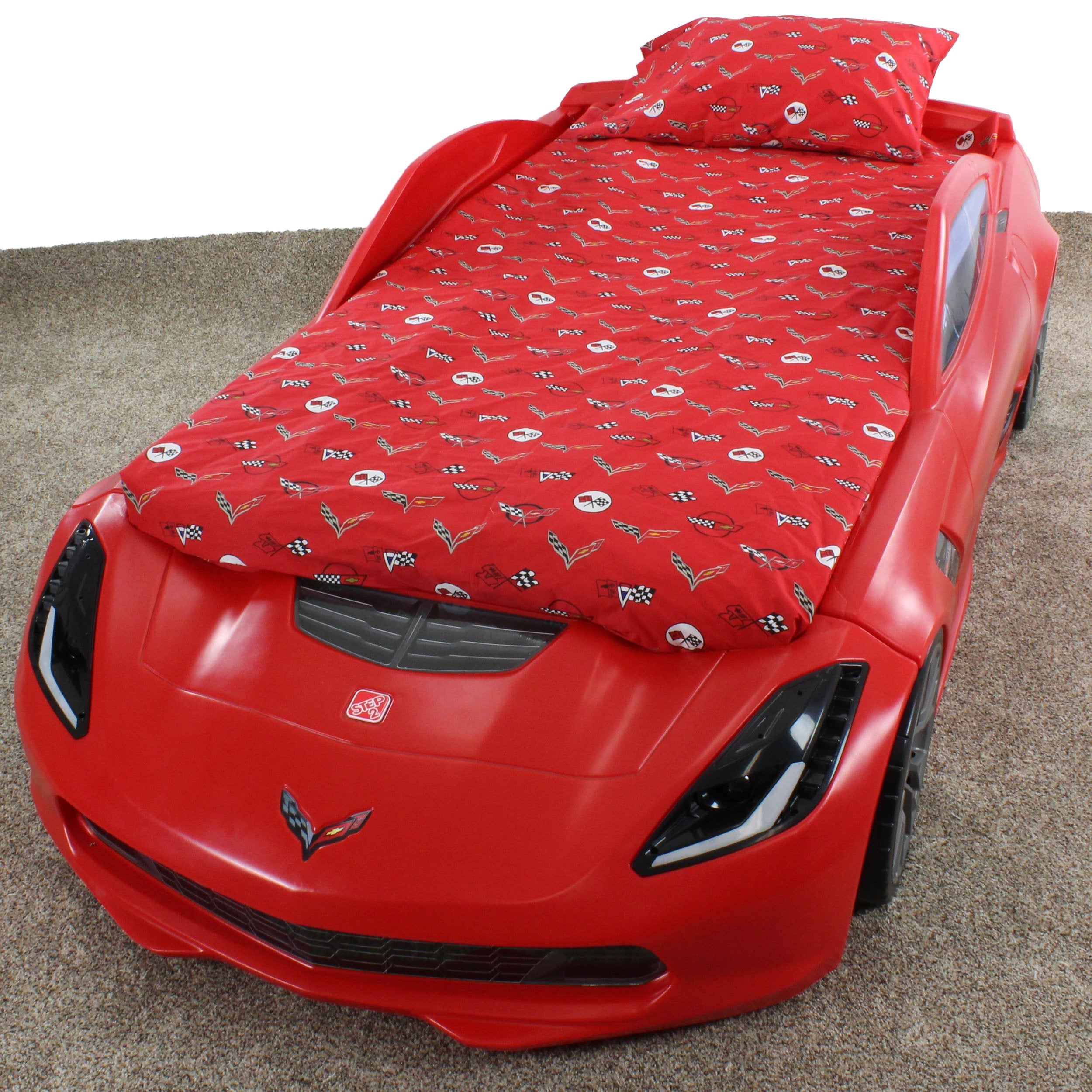 Corvette Sheet Set Queen Sized 4 Piece Sheet Set, Red Color Background, 1 Flat Sheet, 1 Fitted Sheet, 2 Pillowcases