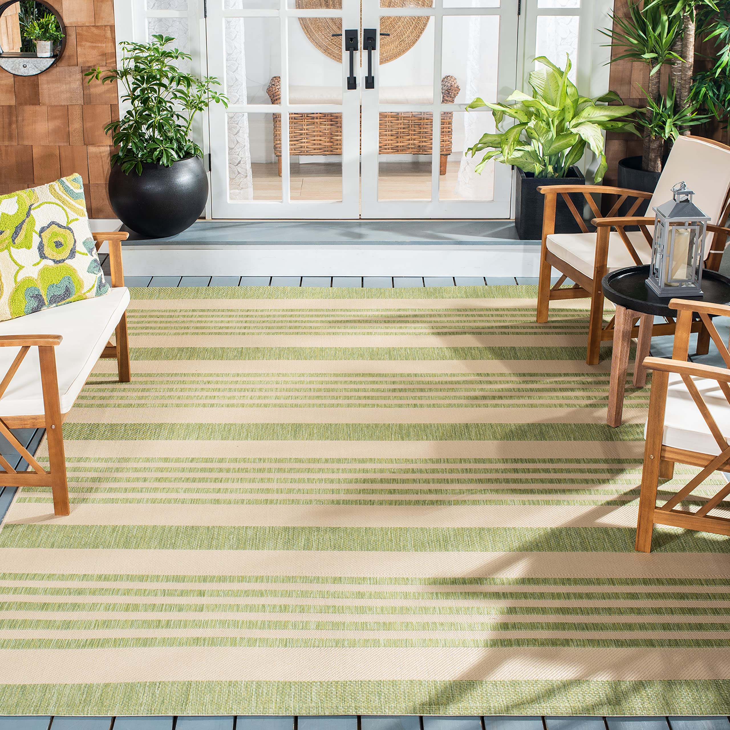 Safavieh Courtyard Collection Area Rug - 9' X 12', Beige & Sweet Pea, Stripe Design, Non-Shedding & Easy Care, Indoor/Outdoor &