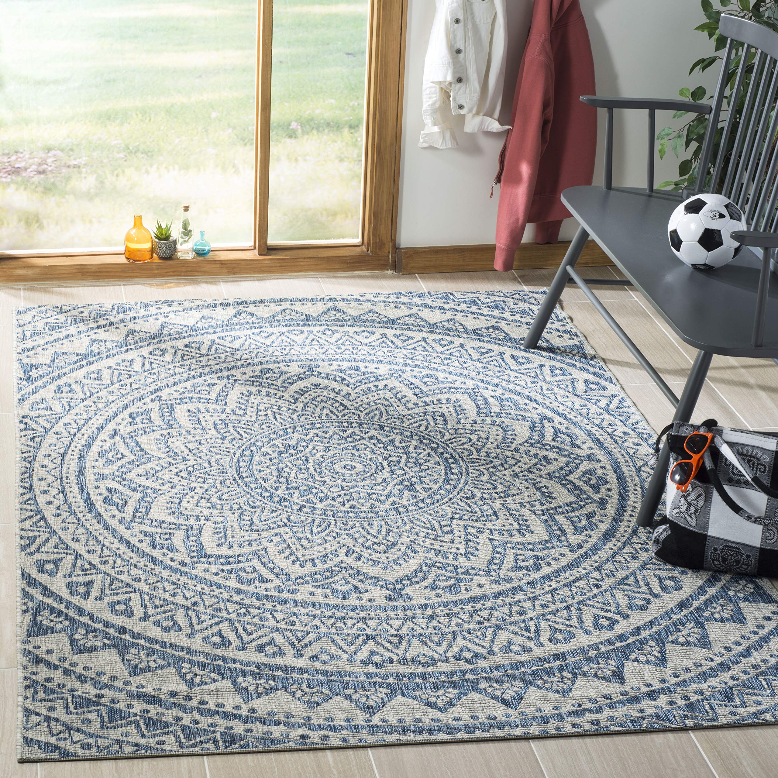 Safavieh Courtyard Collection 5'3' Square Light Grey/Blue Cy8734 Indoor/ Outdoor Waterproof Easy Cleaning Patio Backyard Mudroom Area Rug