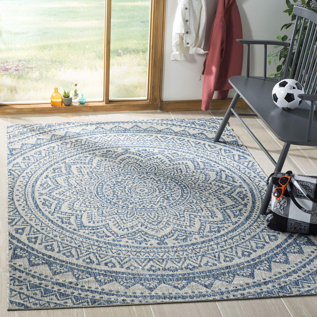 Safavieh Courtyard Collection 5'3' Square Light Grey/Blue Cy8734 Indoor/ Outdoor Waterproof Easy Cleaning Patio Backyard Mudroom Area Rug