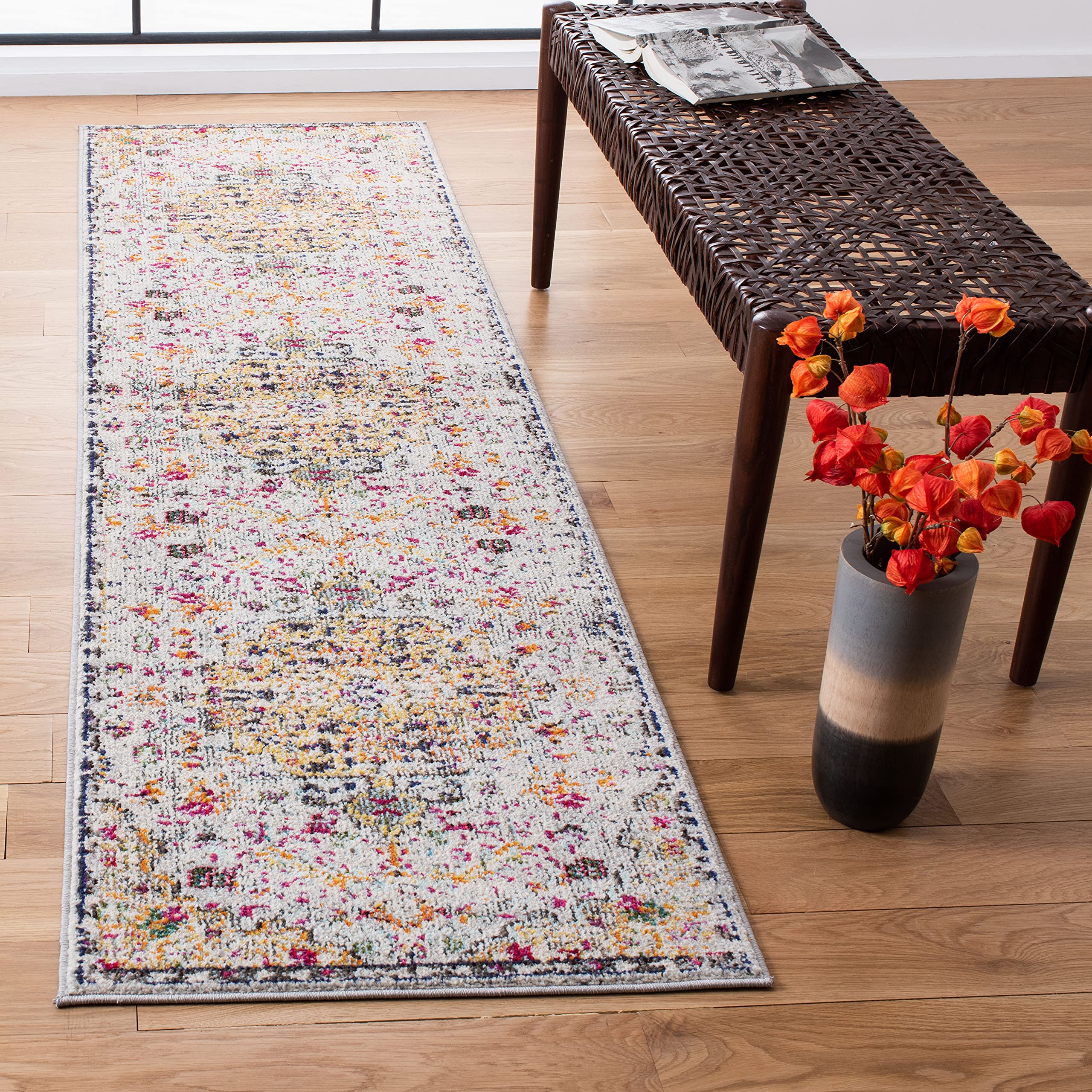 SAFAVIEH Madison Collection Runner Rug - 22 x 18, Grey & Gold, Boho Chic Medallion Distressed Design, Non-Shedding & Easy Care