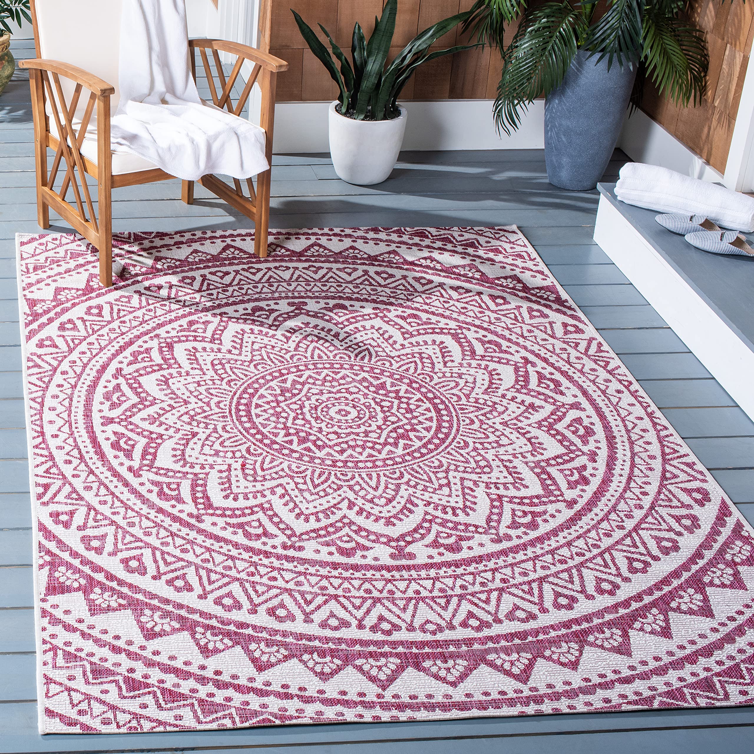 Safavieh Courtyard Collection 8' X 10' Ivory/Fuchsia Cy8734 Indoor/ Outdoor Waterproof Easy Cleaning Patio Backyard Mudroom Area