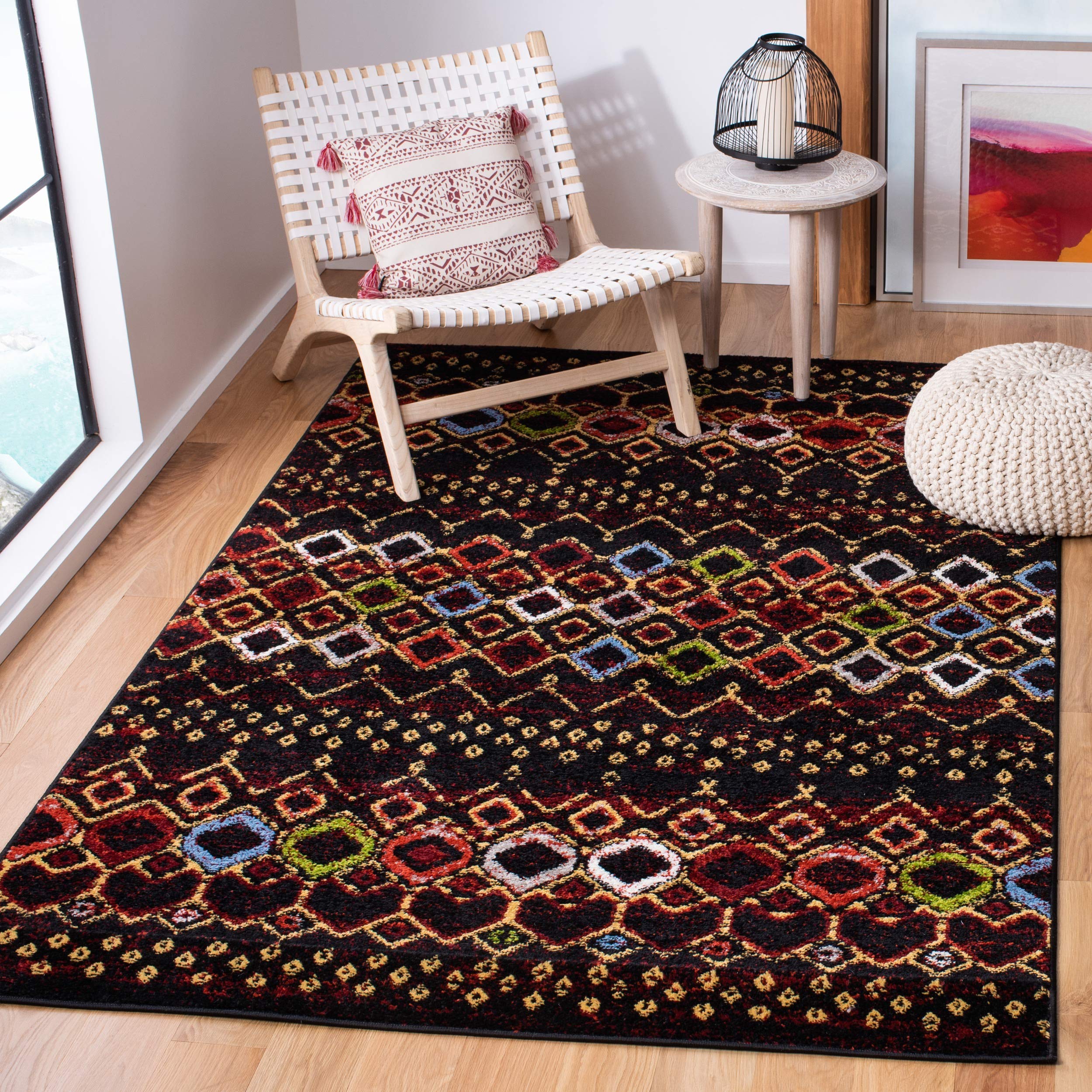 Safavieh Amsterdam Collection Area Rug - 6'7'' X 9'2'', Black & Multi, Moroccan Boho Design, Non-Shedding & Easy Care, Ideal For