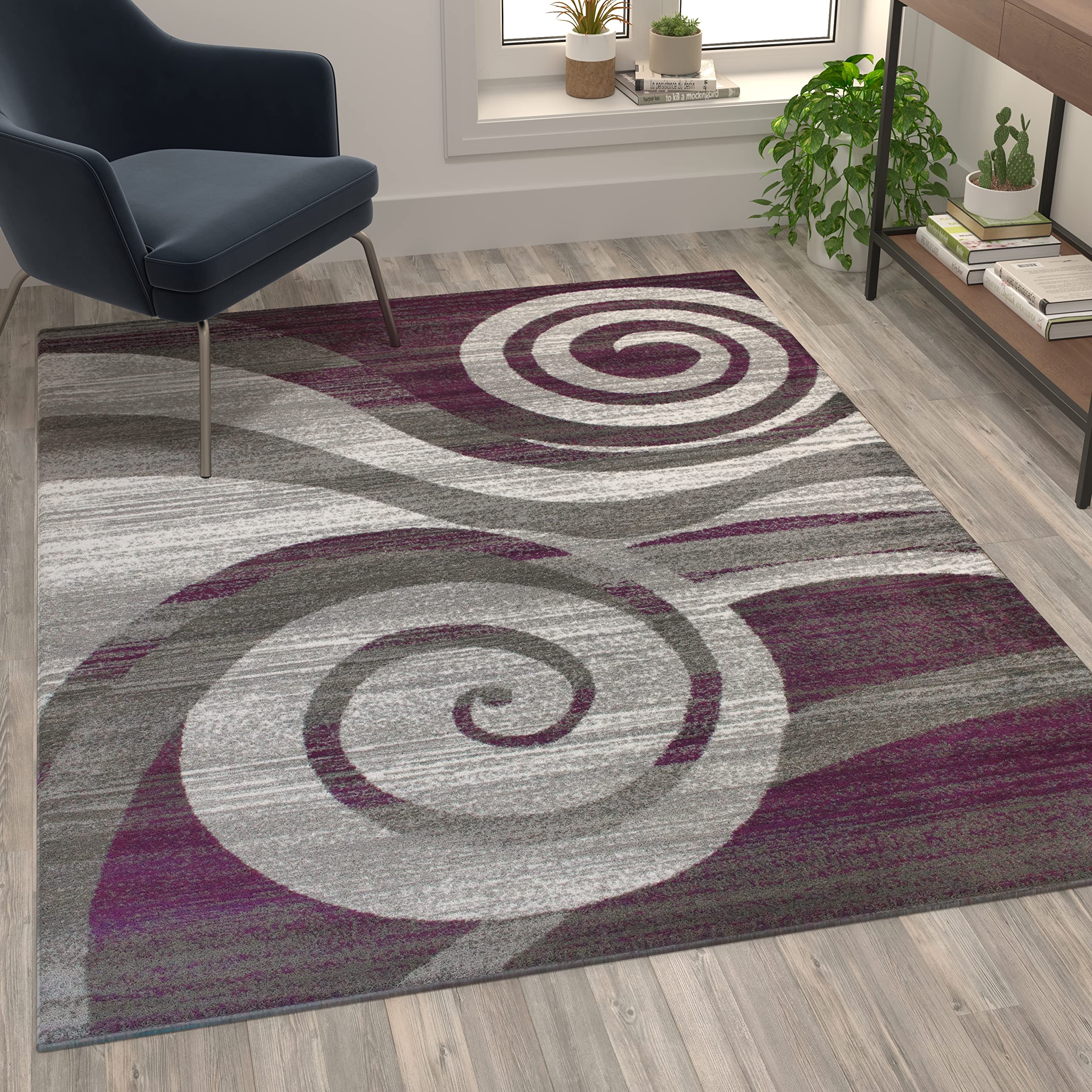 Flash Furniture Cirrus Collection Swirl Patterned Area Rug - Purple Olefin Fibers With Jute Backing - 5' X 7' - Entryway, Living Room, Bedroom