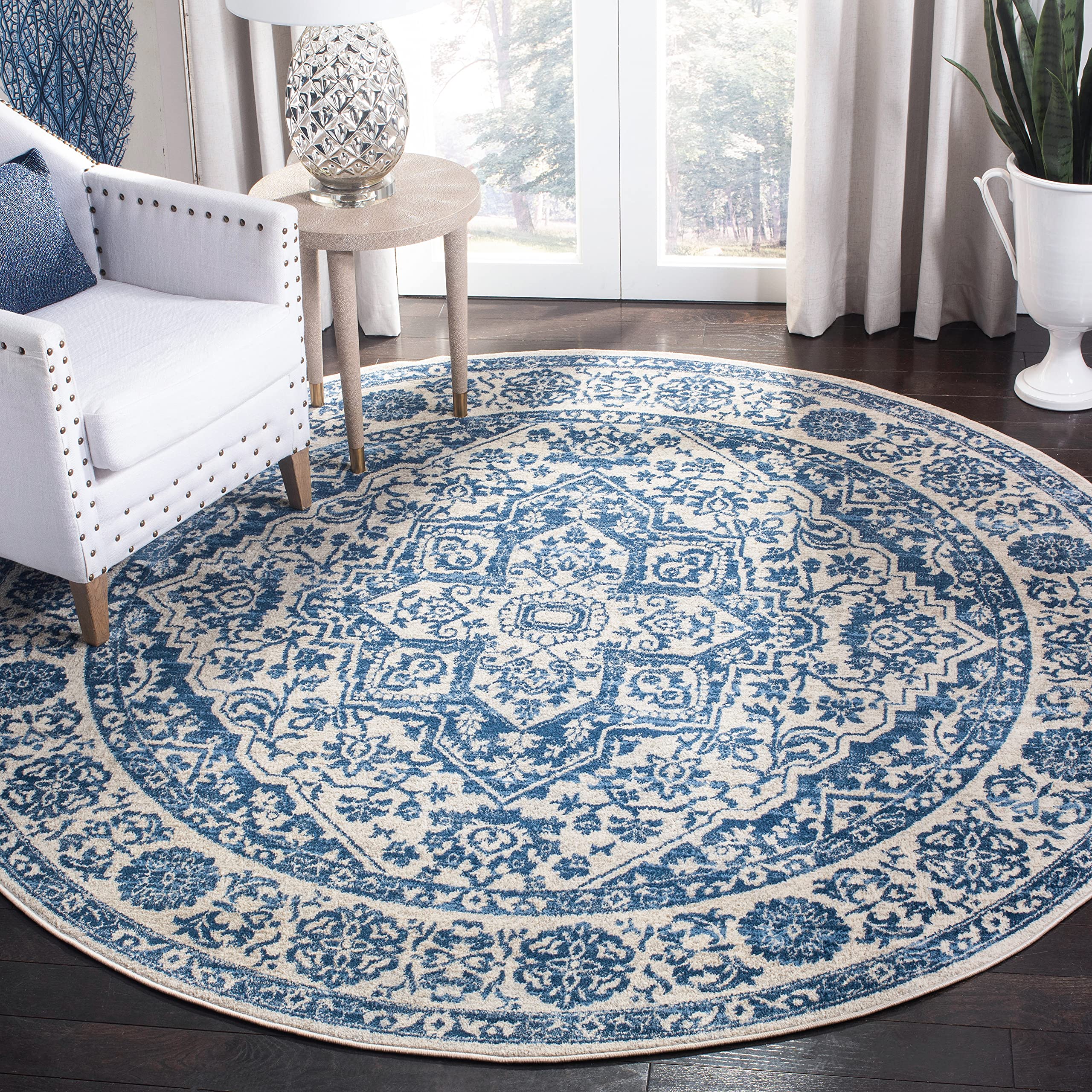 SAFAVIEH Brentwood Collection 11 Round Navy / Light Grey BNT832M Medallion Distressed Non-Shedding Dining Room Entryway Foyer L