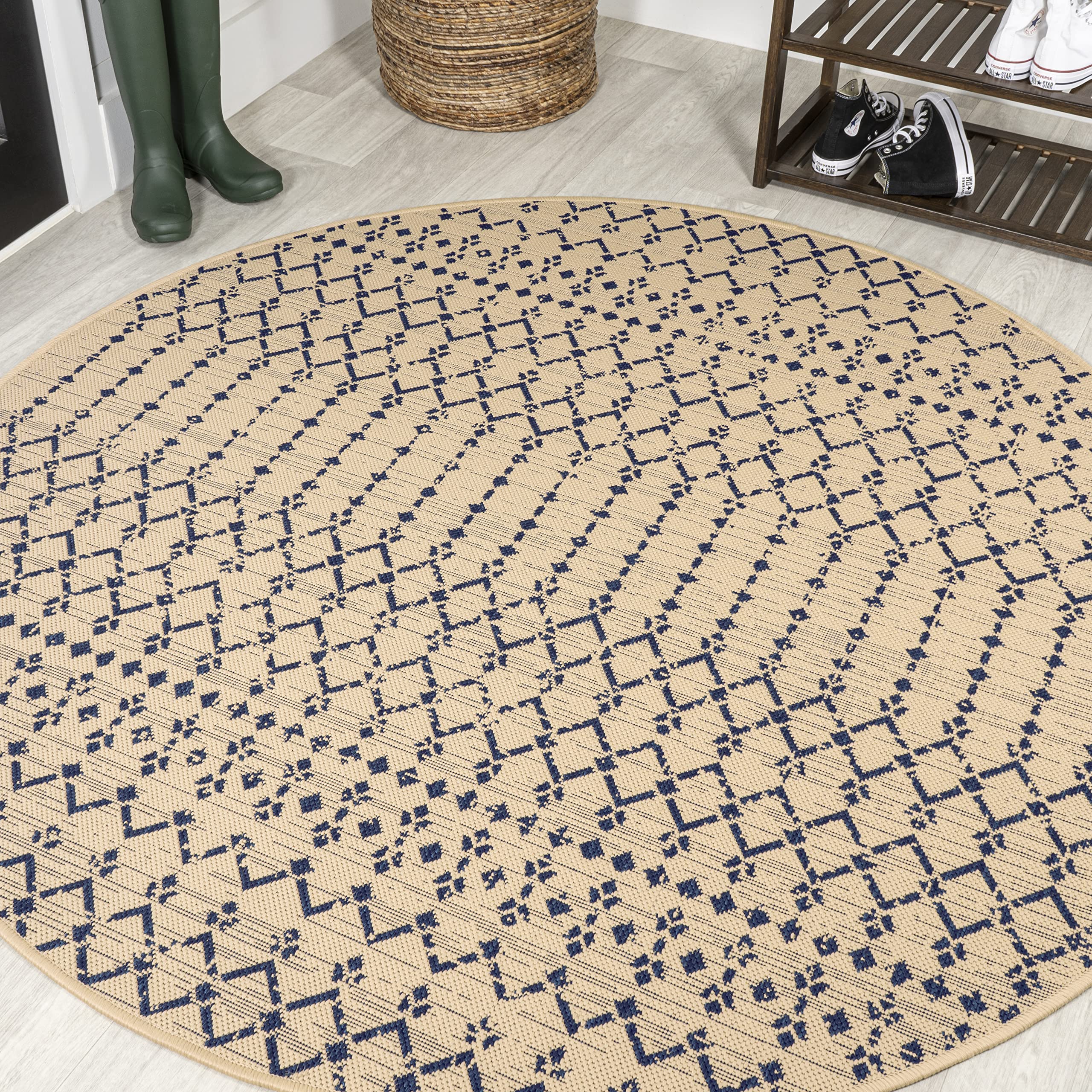 Jonathan Y Smb108H-8R Ourika Moroccan Geometric Textured Weave Beige/Navy 8' Round Indoor/Outdoor Area Rug, Pet Friendly, Non-Sh