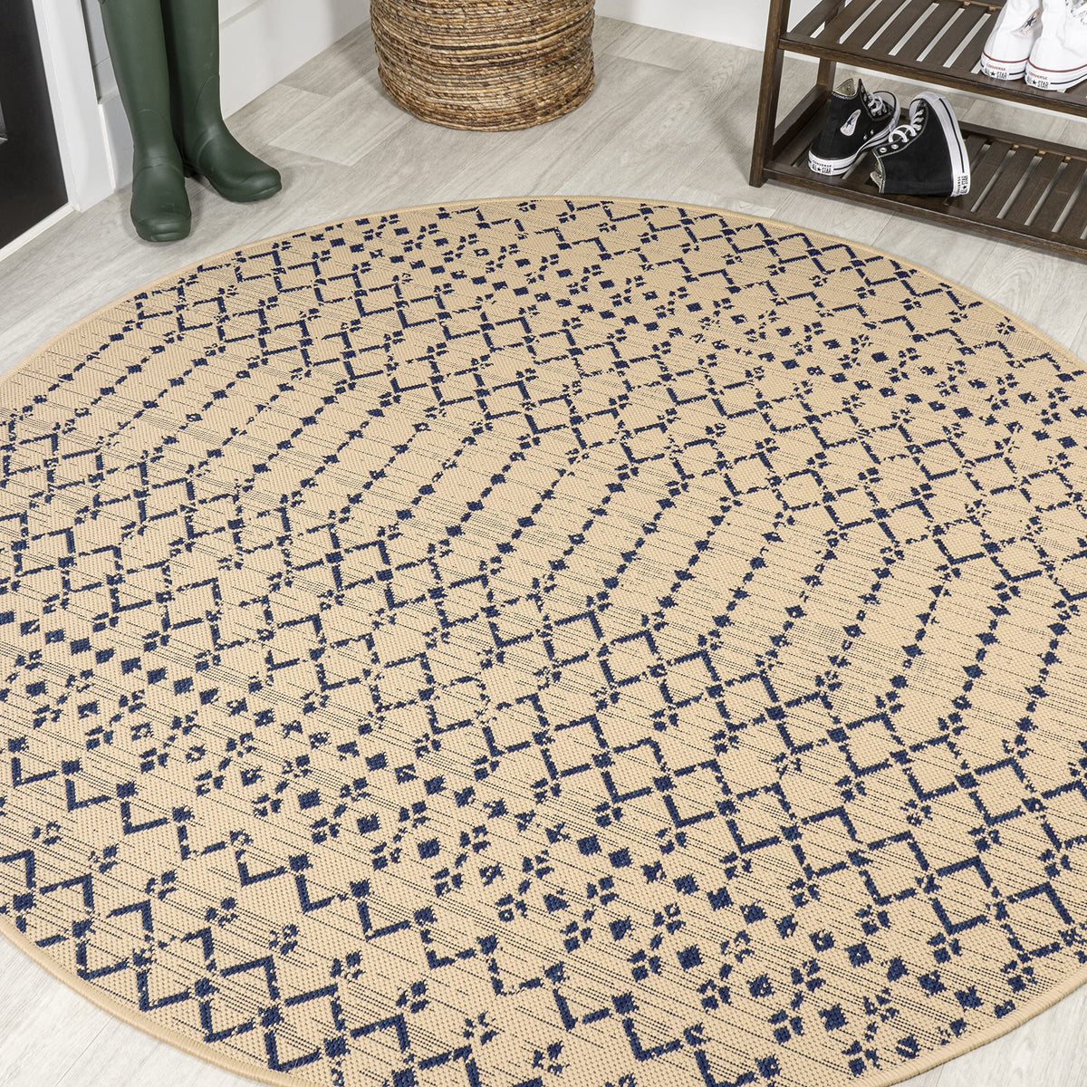Jonathan Y Smb108H-4R Ourika Moroccan Geometric Textured Weave Beige/Navy 4' Round Indoor/Outdoor Area Rug, Pet Friendly, Non-Sh
