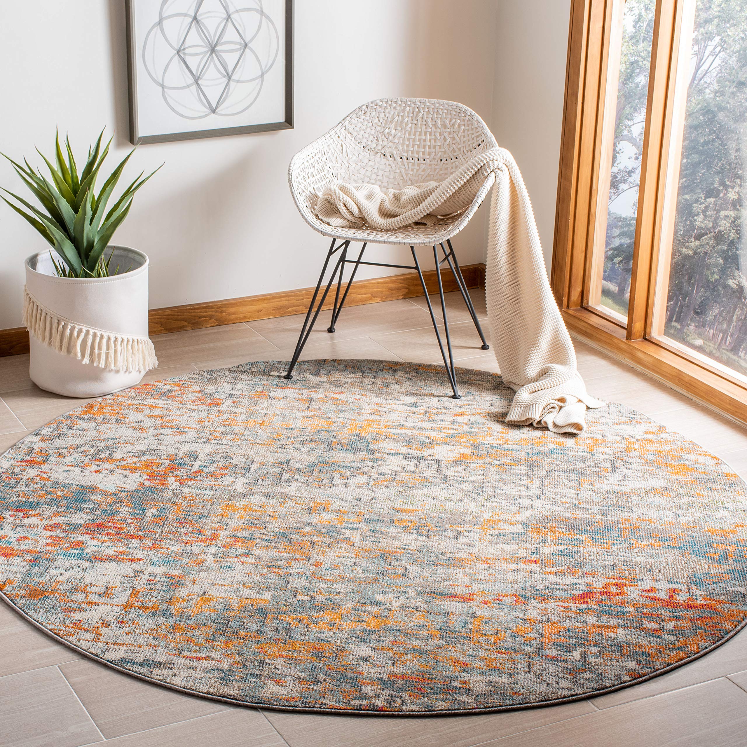 SAFAVIEH Madison Collection 5 Round Grey/Orange MAD460F Modern Abstract Non-Shedding Dining Room Entryway Foyer Living Room Bed