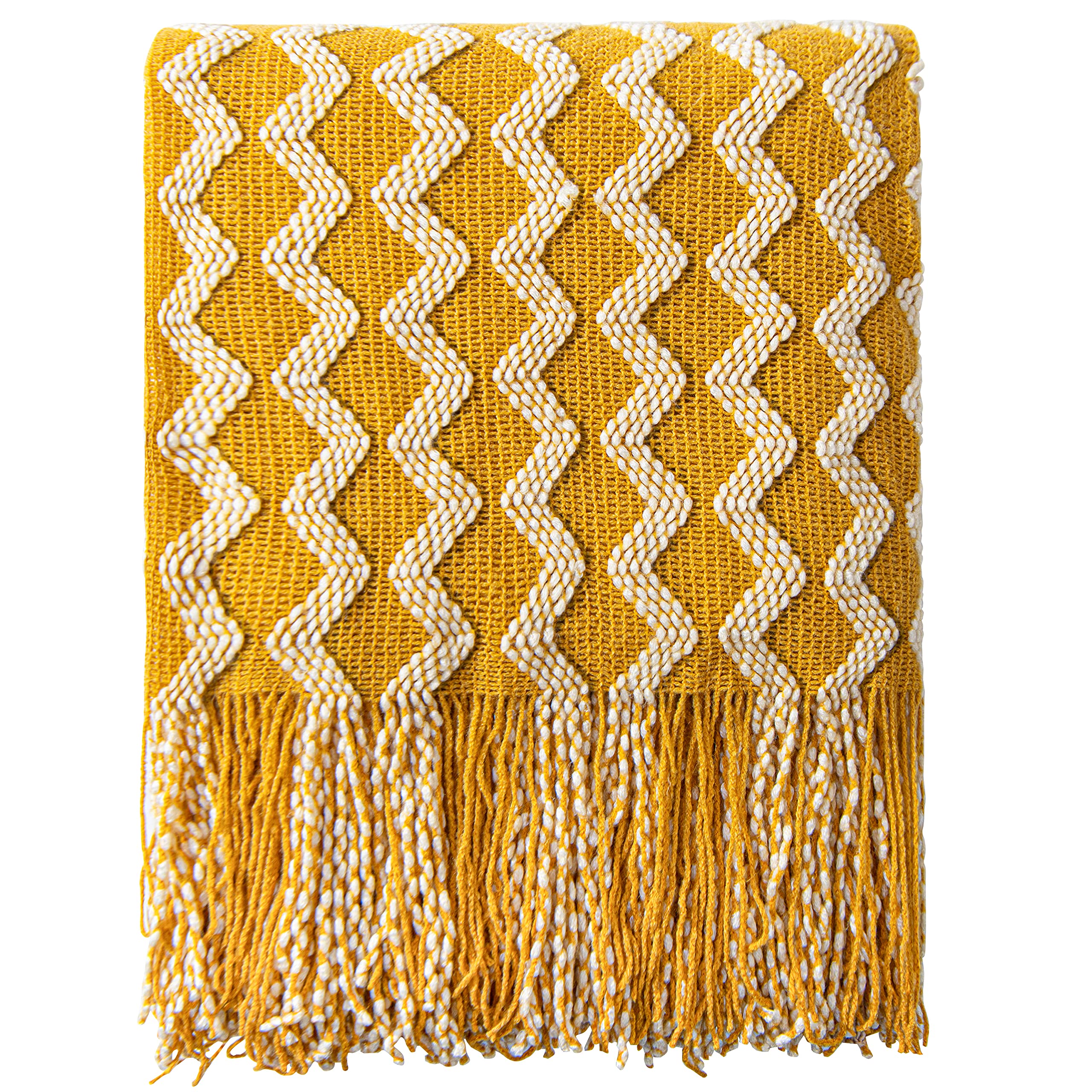 Ntbay Acrylic Knitted Oversized 60X80 Twin Throw Blanket, Lightweight And Soft Cozy Decorative Woven Blanket With Tassels For Travel, Couch, Bed, Sofa, 60X80 Inches, Mustard Yellow Wave