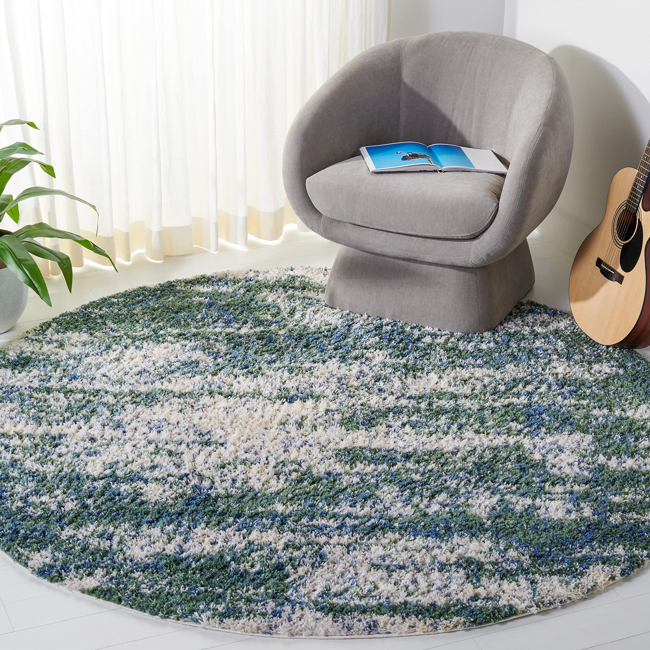 SAFAVIEH Berber Shag Collection Area Rug - 67 Round, Green & Beige, Modern Abstract Design, Non-Shedding & Easy Care, 1.2-inch 