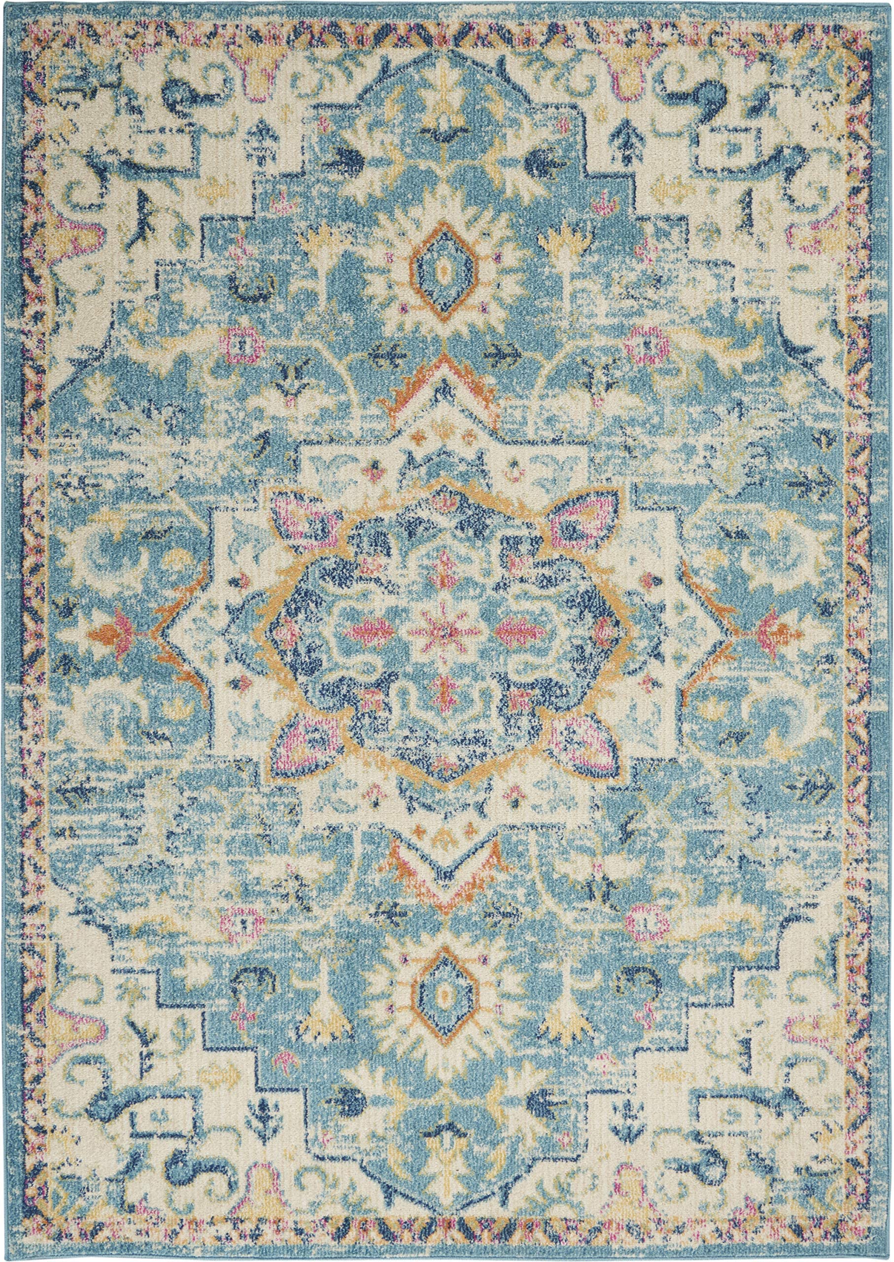 Nourison Passion Ivory/Light Blue 5'3' X 7'3' Area Rug, Boho, Moroccan, Bed Room, Living Room, Dining Room, Kitchen, Easy Clea