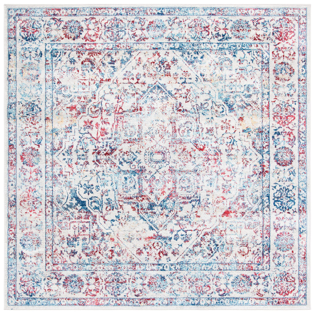 Safavieh Brentwood Collection 6'7'' Square Ivory/Blue Bnt832B Medallion Distressed Non-Shedding Living Room Bedroom Area Rug