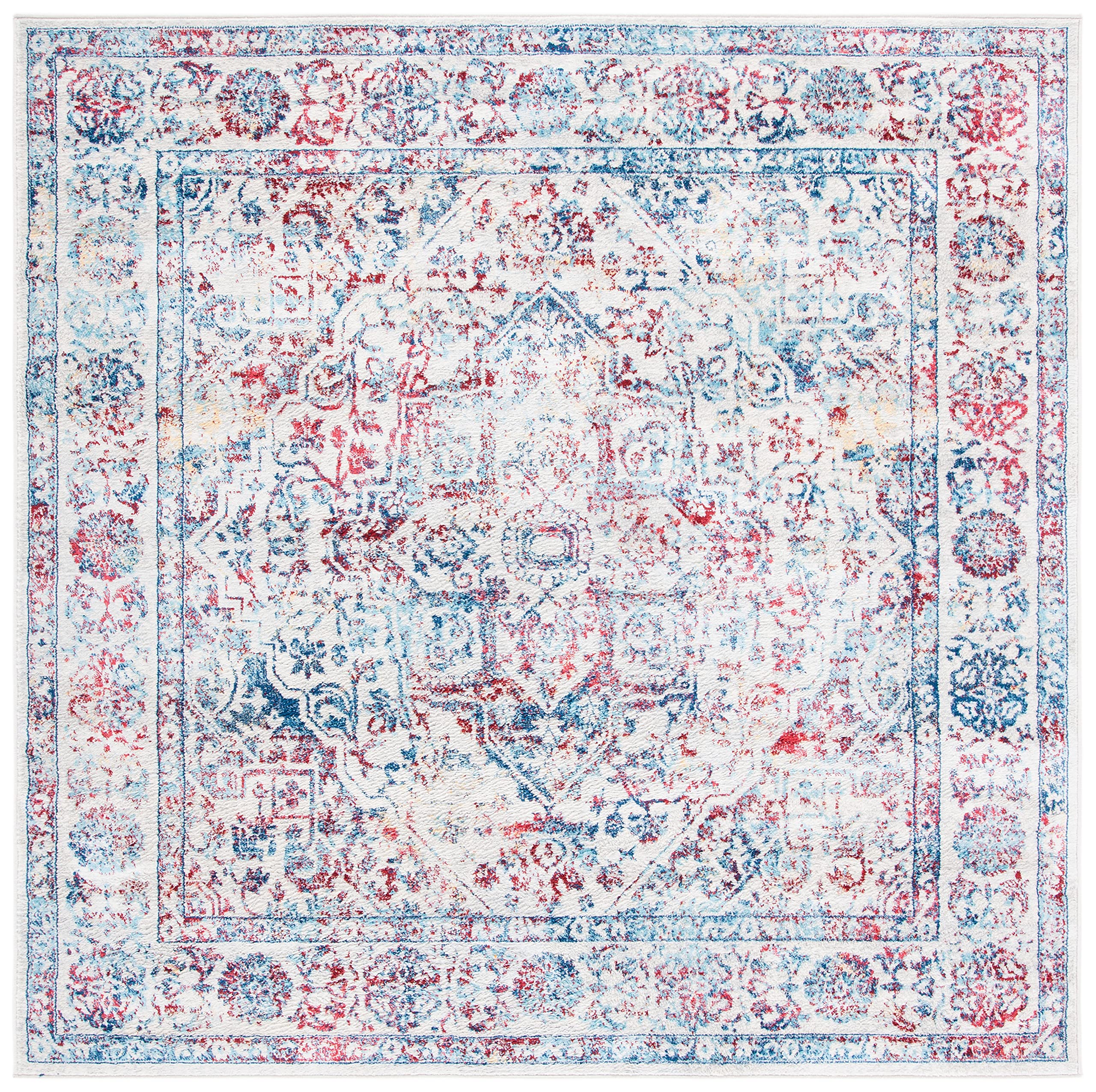 Safavieh Brentwood Collection 6'7'' Square Ivory/Blue Bnt832B Medallion Distressed Non-Shedding Living Room Bedroom Area Rug