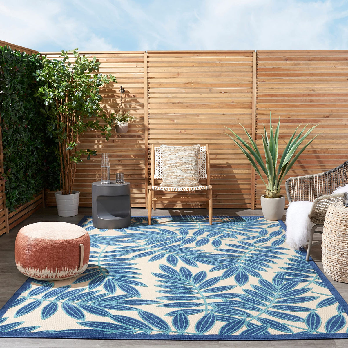 Nourison Aloha Indoor/Outdoor Navy 7' X 10' Area Rug, Tropical, Botanical, Easy Cleaning, Non Shedding, Bed Room, Kitchen, Livin