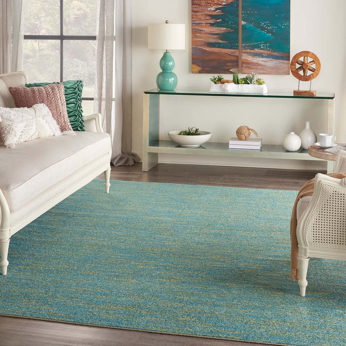 Nourison Essentials Indoor/Outdoor Blue Green 7' X 10' Area -Rug, Easy -Cleaning, Non Shedding, Bed Room, Living Room, Dining Room, Backyard, Deck, Patio (7X10)