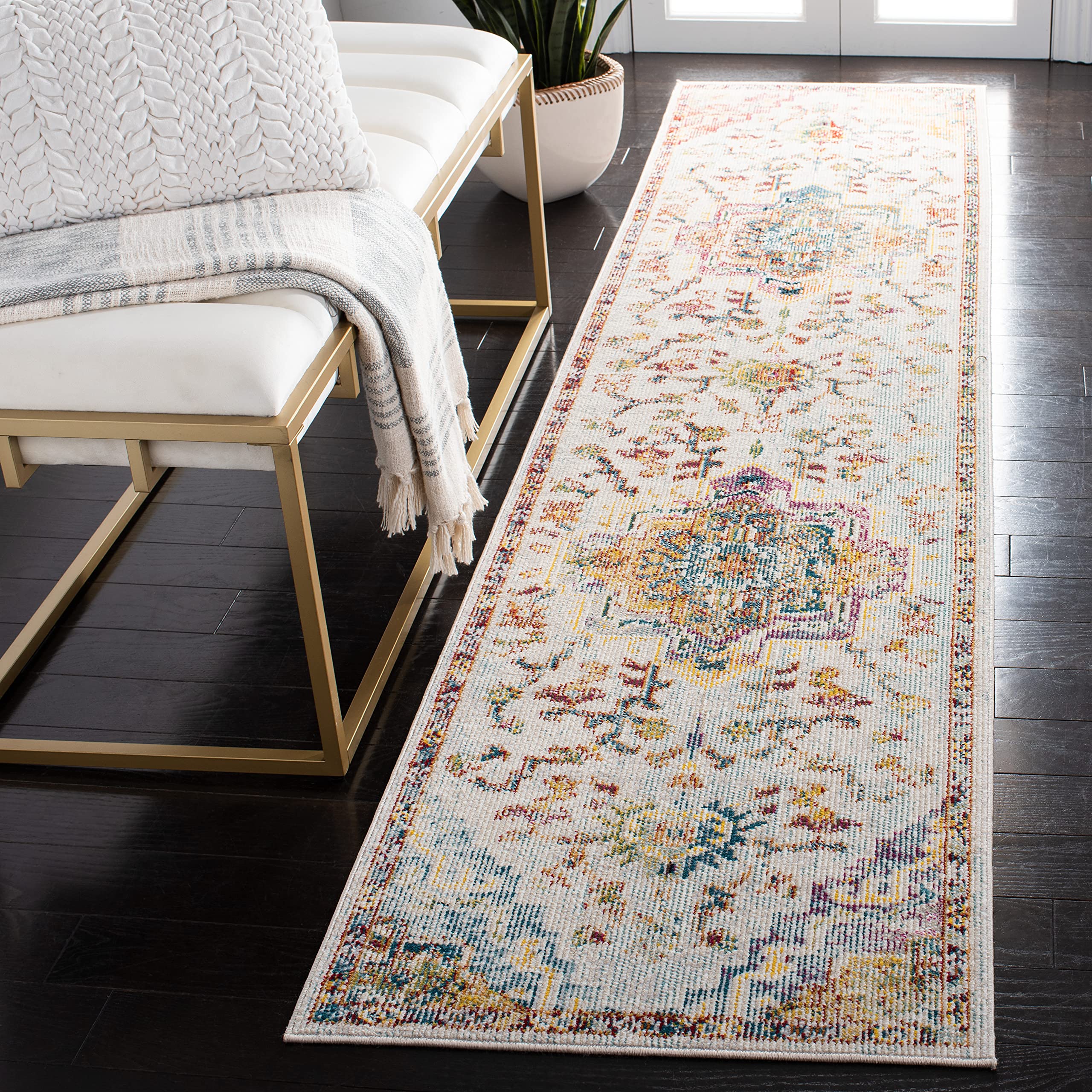 SAFAVIEH Crystal Collection Runner Rug - 22 x 7, Light Blue & Grey, Medallion Distressed Design, Non-Shedding & Easy Care, Ide
