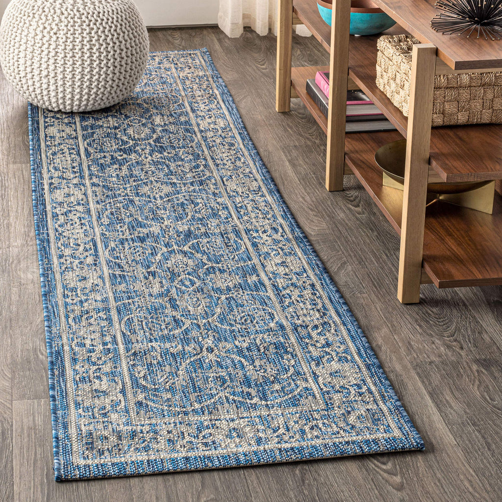 Jonathan Y Smb103A-210 Palazzo Vine And Border Textured Weave Indoor Outdoor Area Rug Coastal Bohemian Rustic Glam Easy Cleaning Bedroom Kitchen Backyard Patio Non Shedding, 2 X 10, Navy/Gray