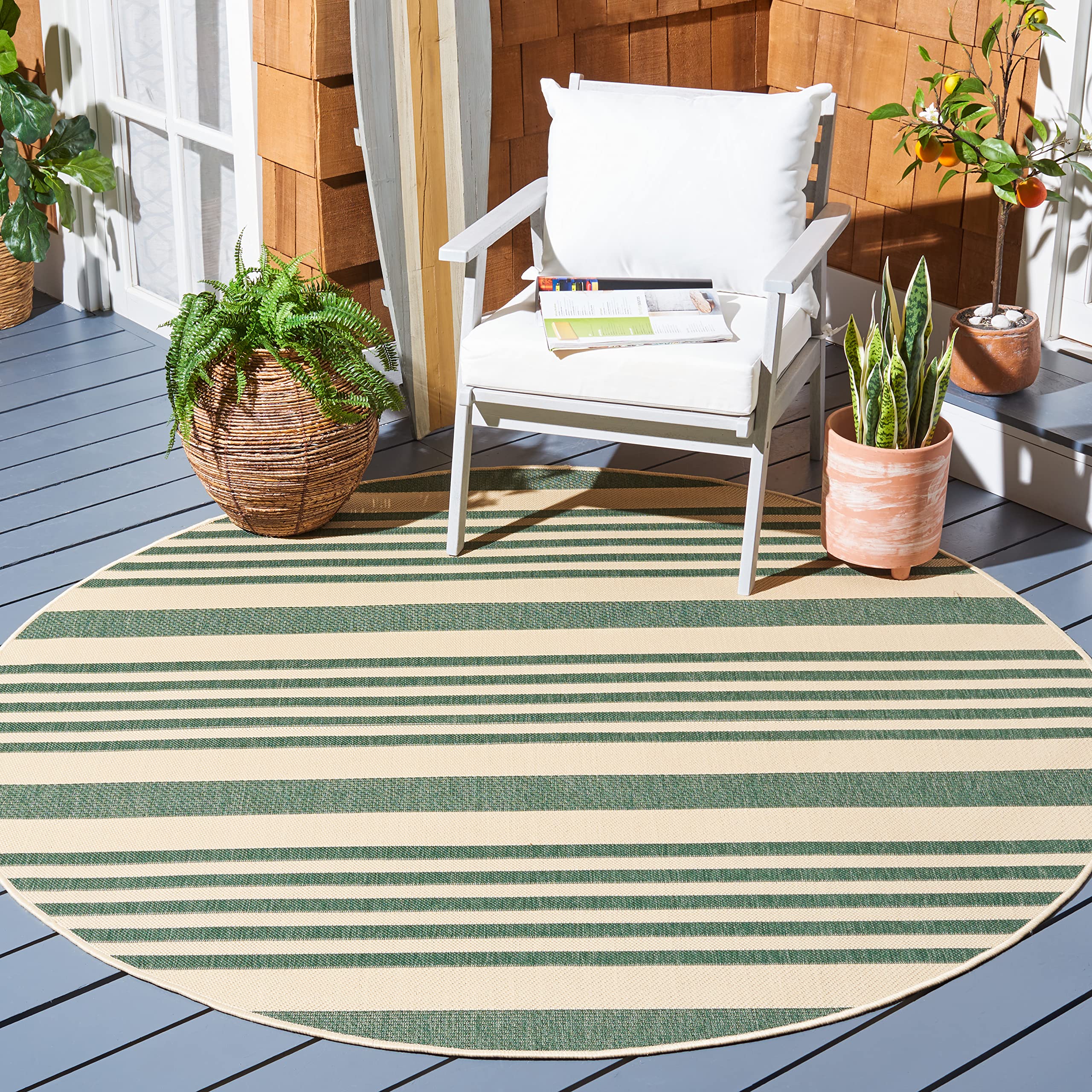 Safavieh Courtyard Collection Area Rug - 5'3'' Round, Beige & Dark Green, Stripe Design, Non-Shedding & Easy Care, Indoor/Outdoo