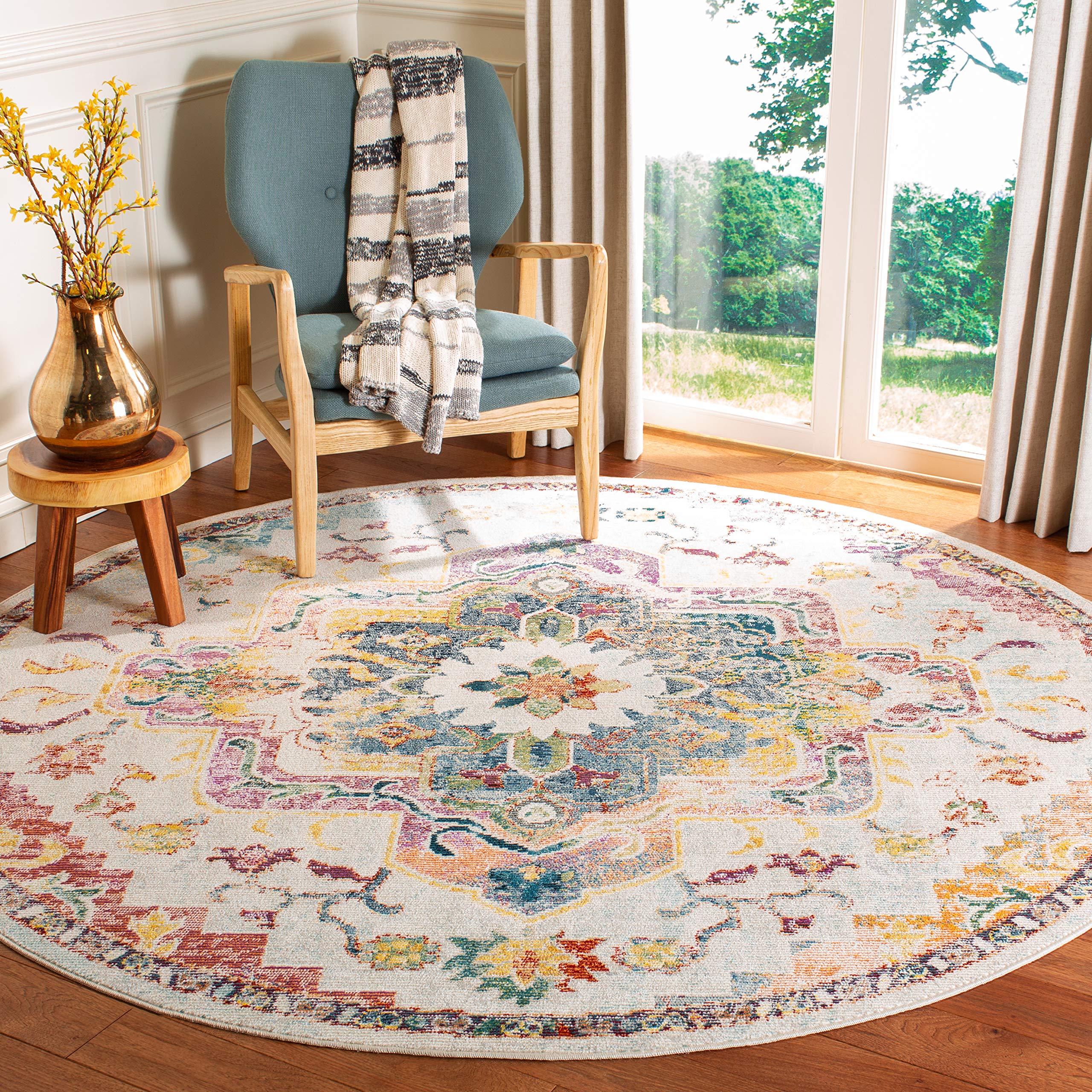 SAFAVIEH Crystal Collection 7 Round Light Blue/Grey CRS501M Boho Chic Oriental Medallion Distressed Non-Shedding Dining Room En