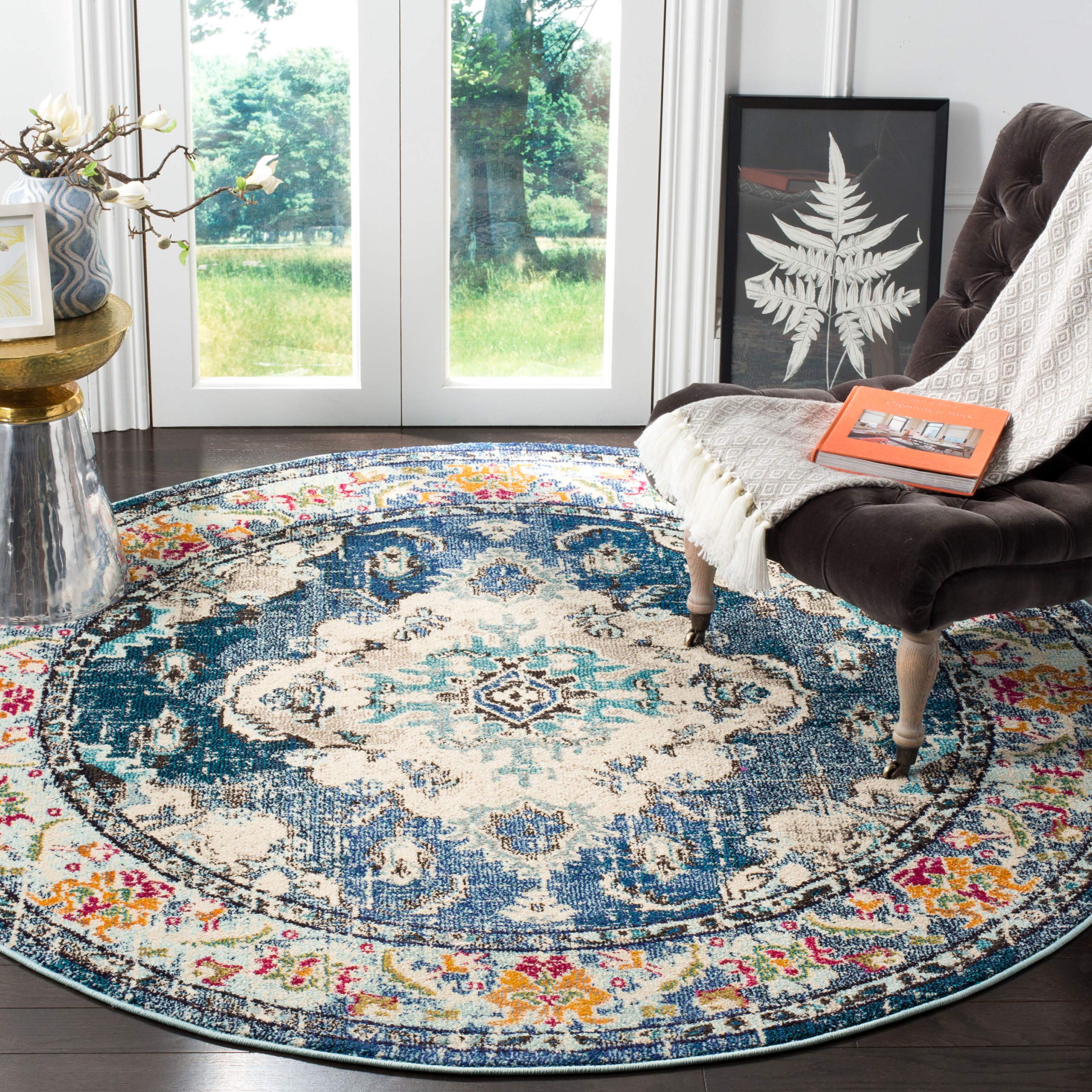 SAFAVIEH Monaco Collection Area Rug - 8 Round, Navy & Light Blue, Boho Chic Medallion Distressed Design, Non-Shedding & Easy Ca