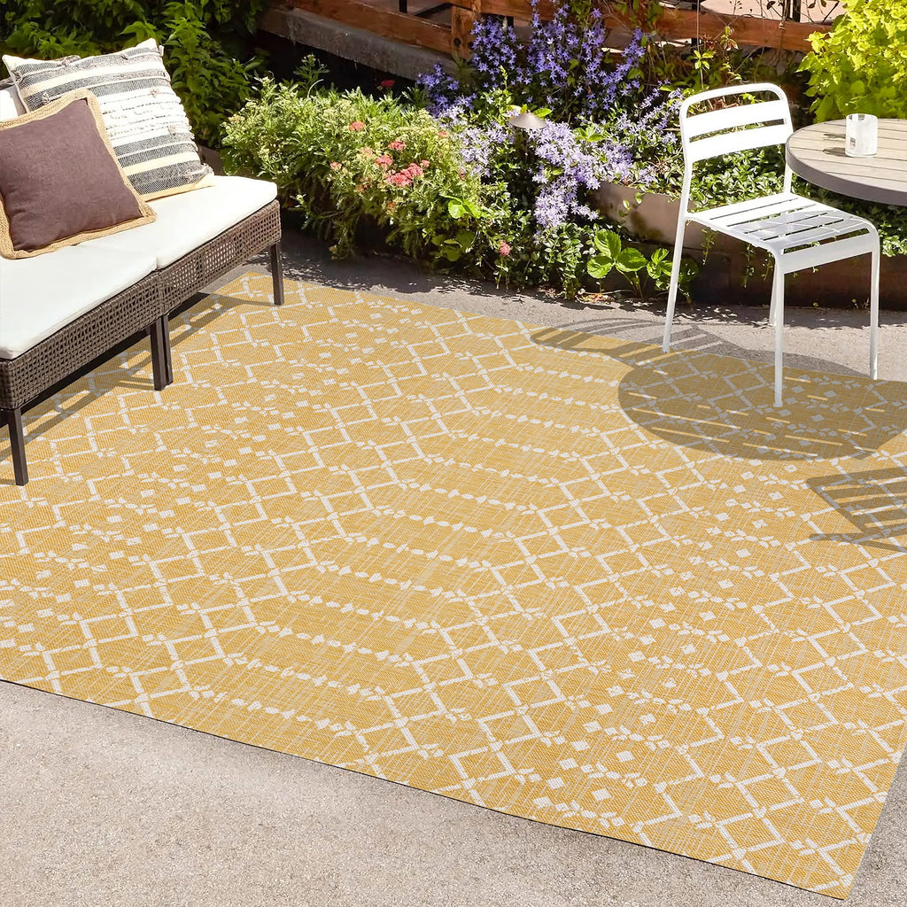 Jonathan Y Smb108G-5 Ourika Moroccan Geometric Textured Weave Indoor Outdoor Area Rug, Coastal, Traditional, Transitional Easy Cleaning,Bedroom,Kitchen,Backyard,Patio,Non Shedding, Yellow/Cream, 5 X 8