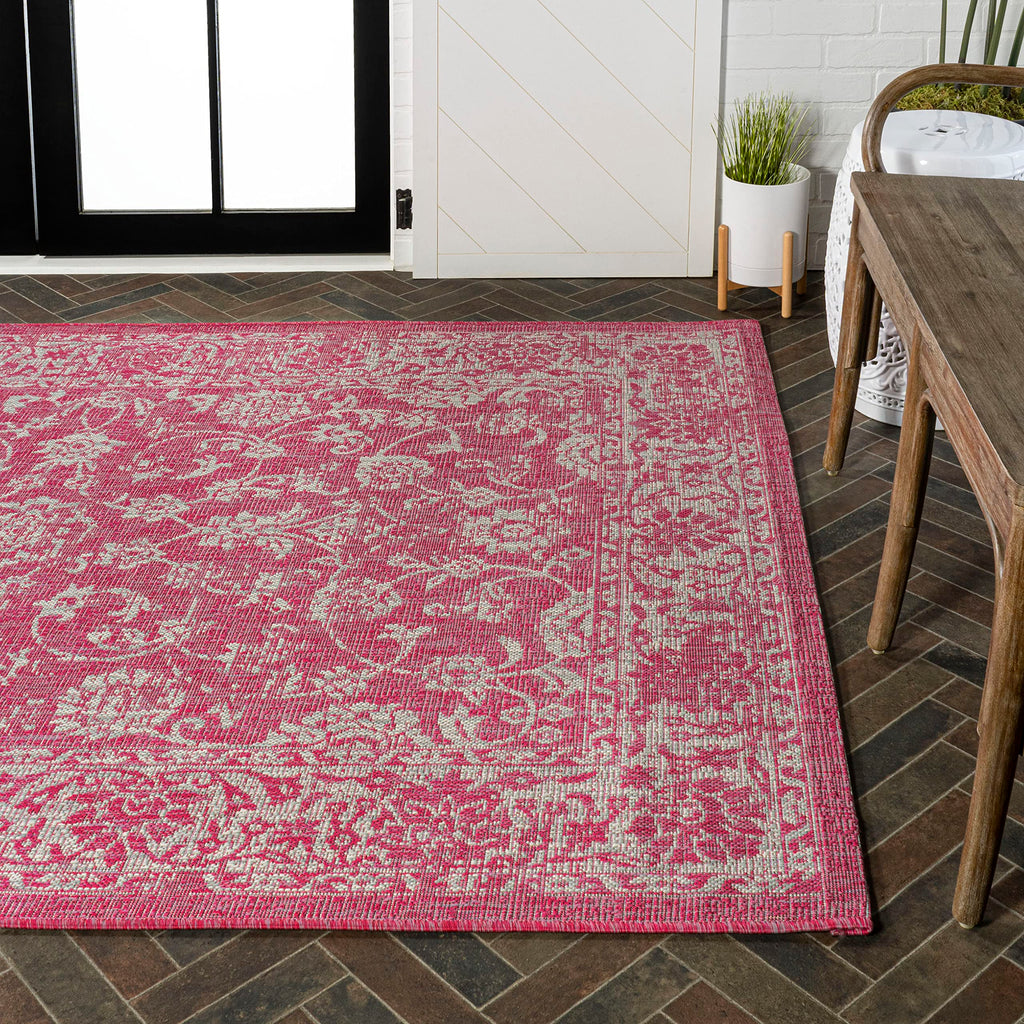 Jonathan Y Smb100G-9 Tela Bohemian Textured Weave Floral Indoor Outdoor Area Rug, Coastal,Traditional,Transitional Easy Clean,Bedroom,Kitchen,Backyard,Patio, Non-Shed, Fuchsia/Light Gray, 9 X 12