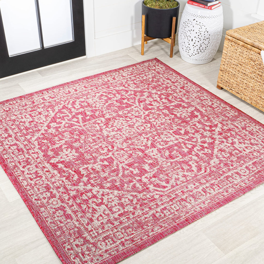 Jonathan Y Smb104E-5Sq Malta Bohemian Medallion Textured Weave Indoor Outdoor Area Rug,Coastal,Traditional,Transitional Easy Clean,Bedroom,Kitchen,Backyard,Patio,Non-Shed,Fuchsia/Light Gray,5' Square