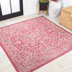 Jonathan Y Smb104E-5Sq Malta Bohemian Medallion Textured Weave Indoor Outdoor Area Rug,Coastal,Traditional,Transitional Easy Clean,Bedroom,Kitchen,Backyard,Patio,Non-Shed,Fuchsia/Light Gray,5' Square