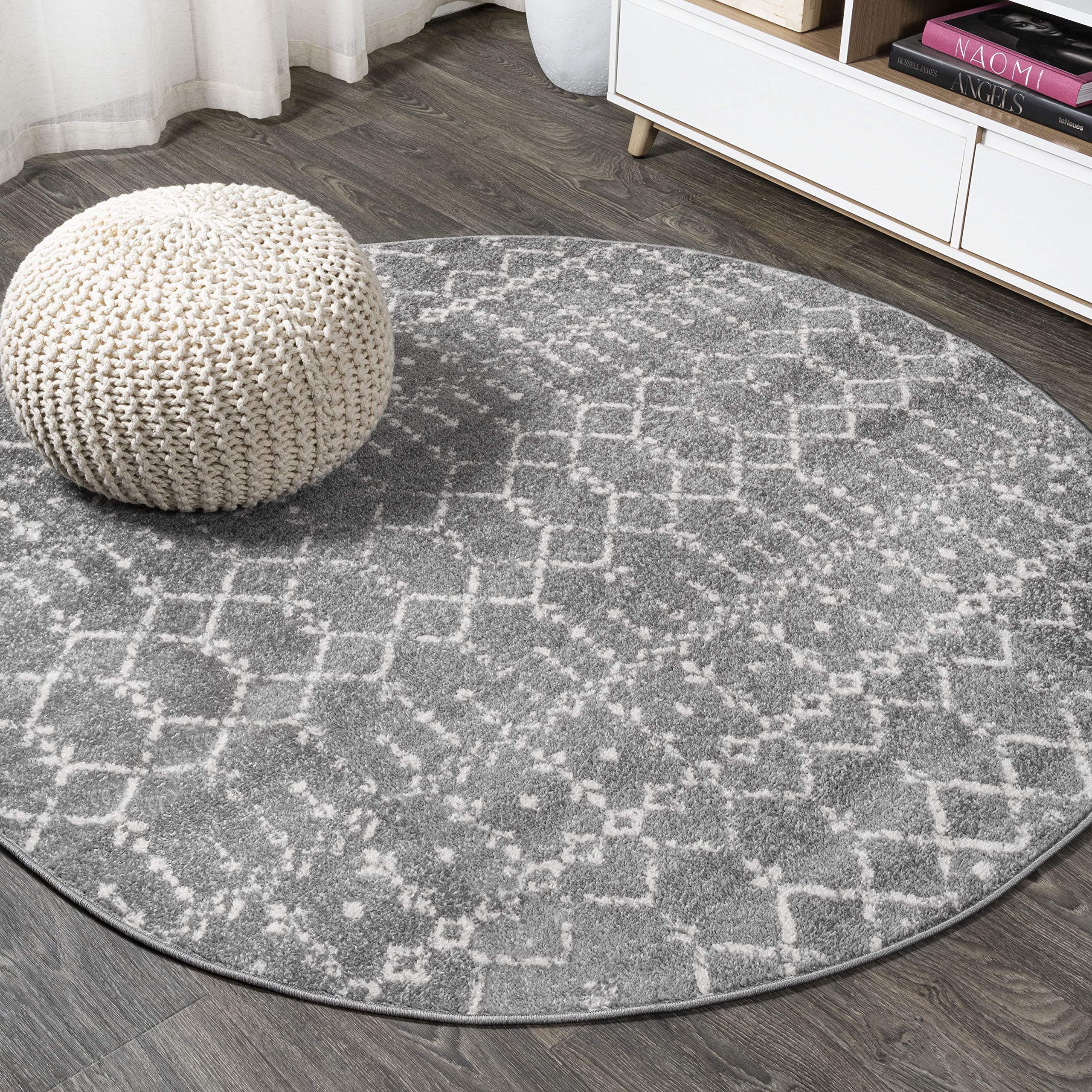 JONATHAN Y MOH101C-8R Moroccan Hype Boho Vintage Diamond Gray/Ivory 8 Round Area Rug, Pet Friendly, Non Shedding, Stain Resista