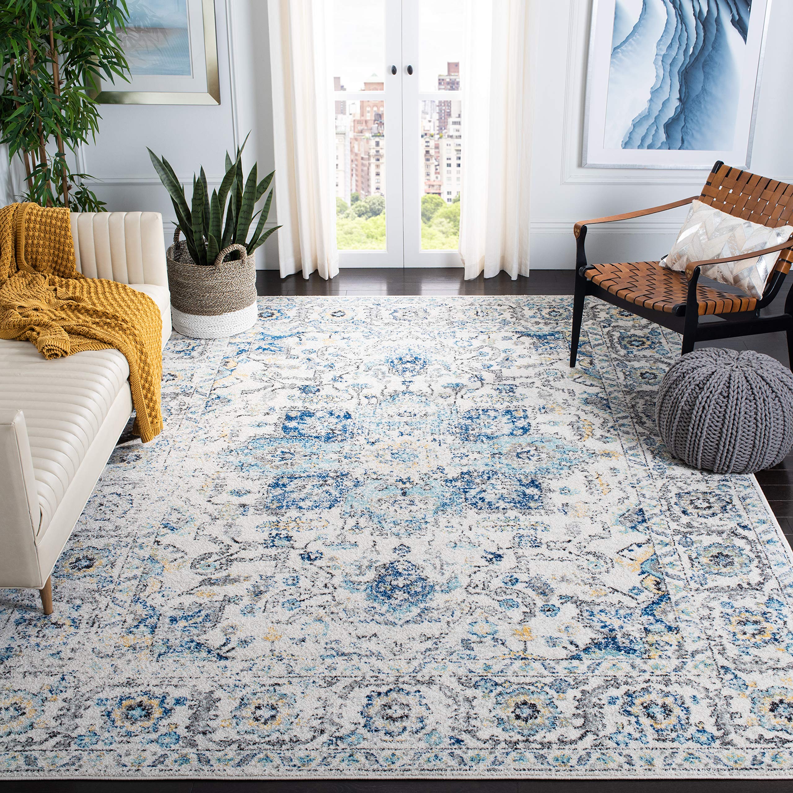 SAFAVIEH Madison Collection X-Large Area Rug - 12 x 18, Turquoise & Ivory, Snowflake Medallion Design, Non-Shedding & Easy Car