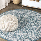 Jonathan Y Smb103B-5R Palazzo Vine And Border Textured Weave Indoor Outdoor Area-Rug Coastal Bohemian Rustic Glam Easy-Cleaning Bedroom Kitchen Backyard Patio Non Shedding, 5' Round, Teal/Gray