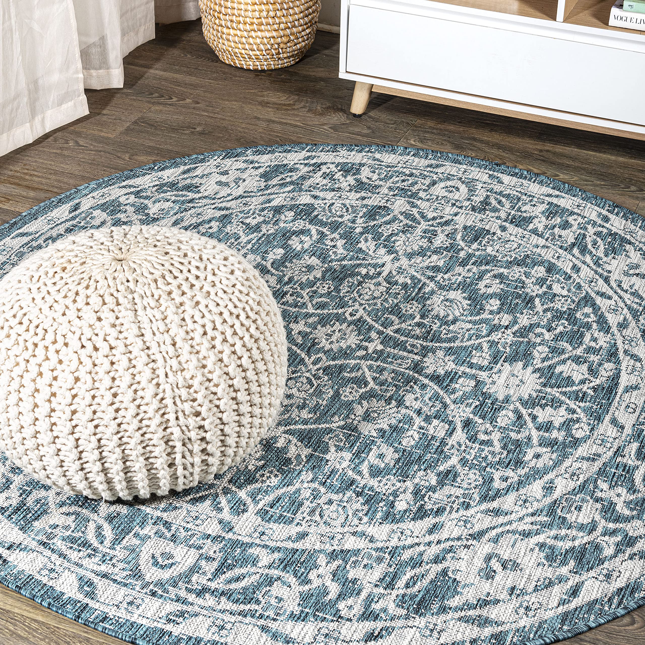 Jonathan Y Smb103B-5R Palazzo Vine And Border Textured Weave Indoor Outdoor Area-Rug Coastal Bohemian Rustic Glam Easy-Cleaning Bedroom Kitchen Backyard Patio Non Shedding, 5' Round, Teal/Gray