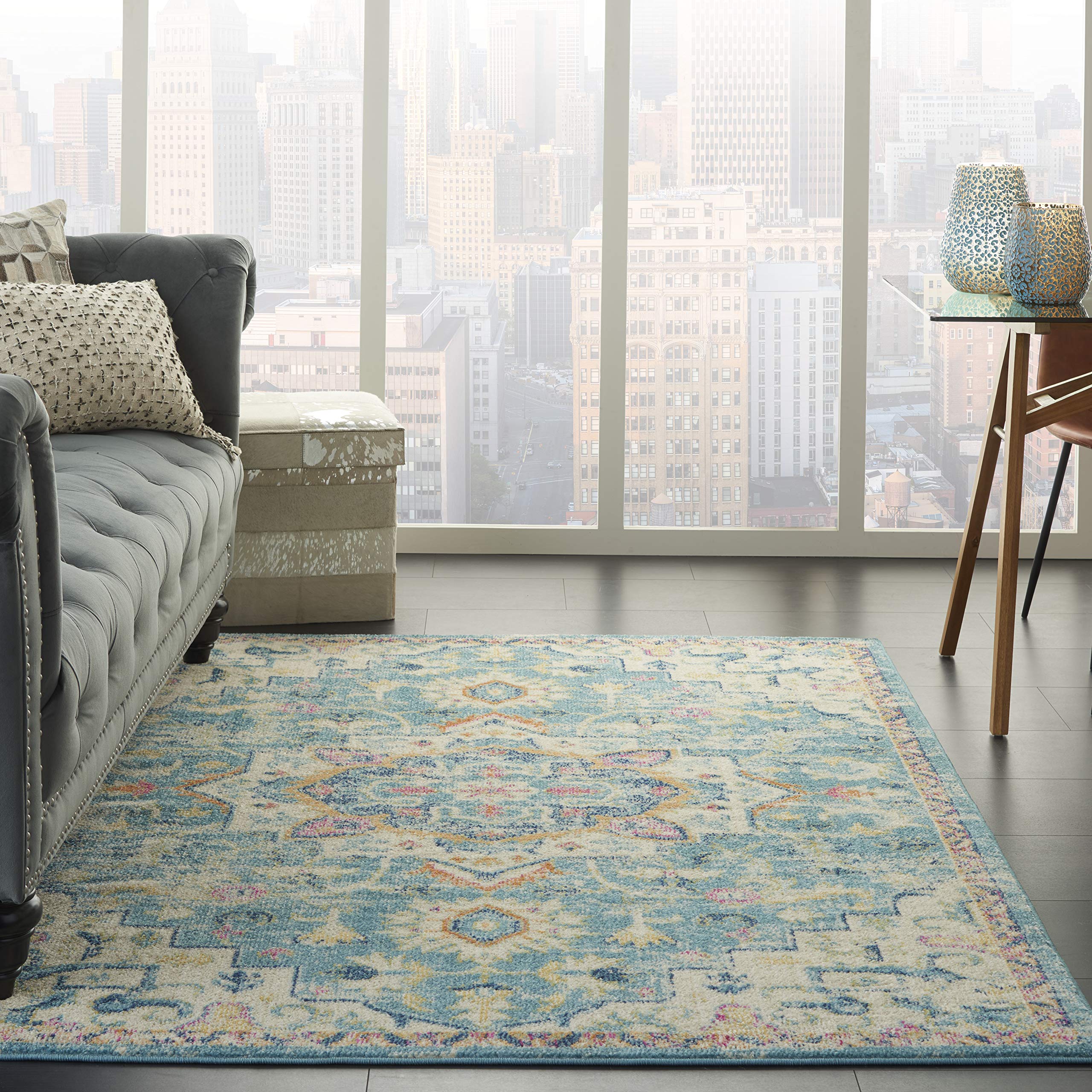 Nourison Passion Ivory/Light Blue 3'9' X 5'9' Area Rug, Boho, Moroccan, Bed Room, Living Room, Dining Room, Kitchen, Easy Clea