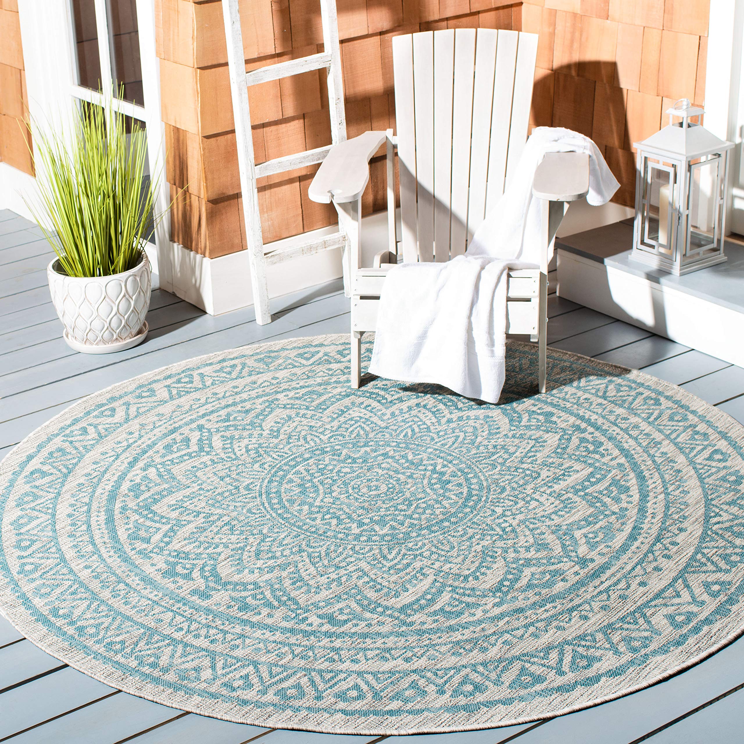 Safavieh Courtyard Collection 9' Round Light Grey / Aqua Cy8734 Indoor/ Outdoor Waterproof Easy Cleaning Patio Backyard Mudroom Area Rug
