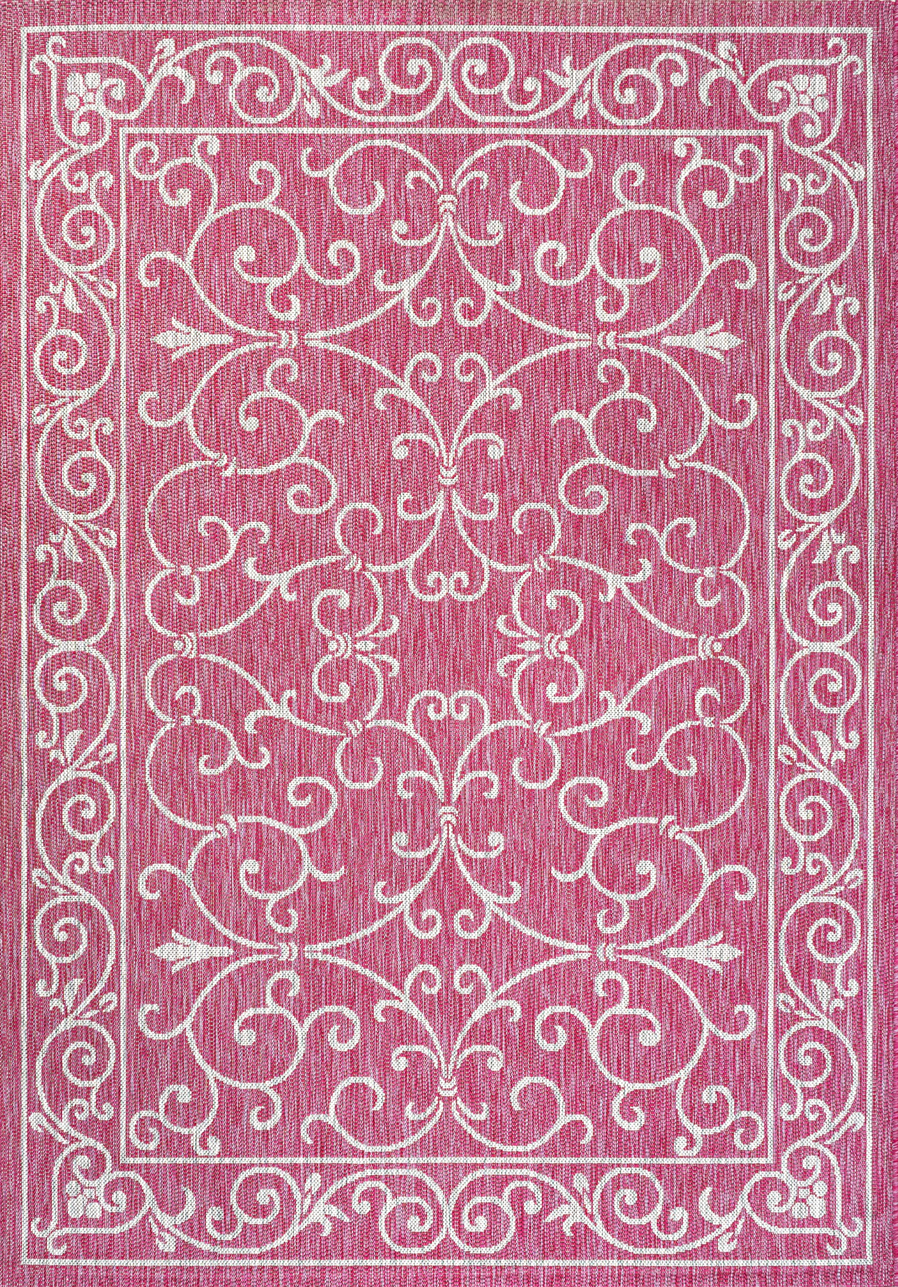 Jonathan Y Smb106J-9 Charleston Vintage Filigree Textured Weave Indoor Outdoor Area-Rug, Classic Traditional Easy-Cleaning,Bedroom,Kitchen,Backyard,Patio,Non Shedding, 9 X 12, Fuchsia/Light Gray