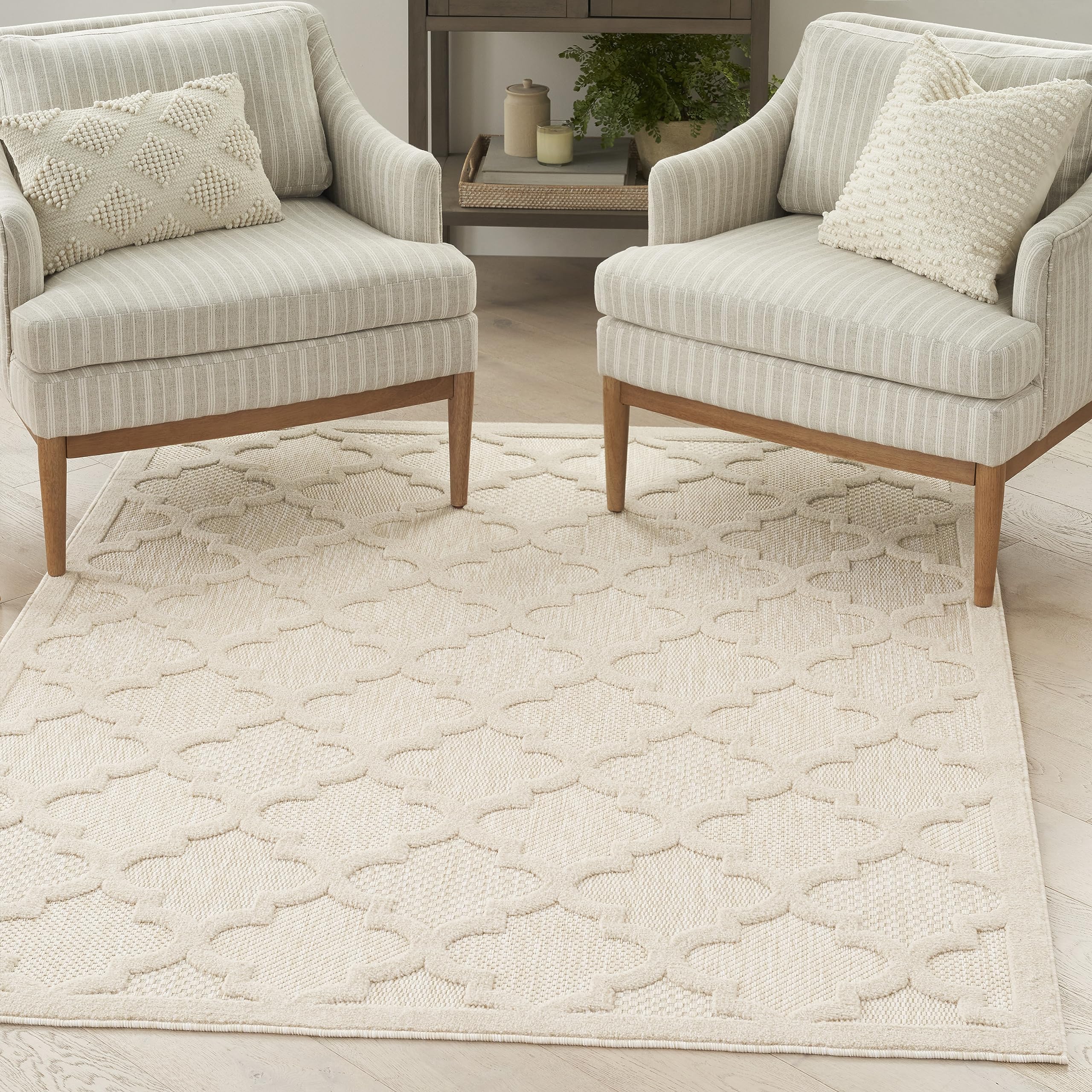 Nourison Easy Care Indoor/Outdoor Cream 4' X 6' Area Rug, Easy Cleaning, Non Shedding, Bed Room, Living Room, Dining Room, Backyard, Deck, Patio (4X6)